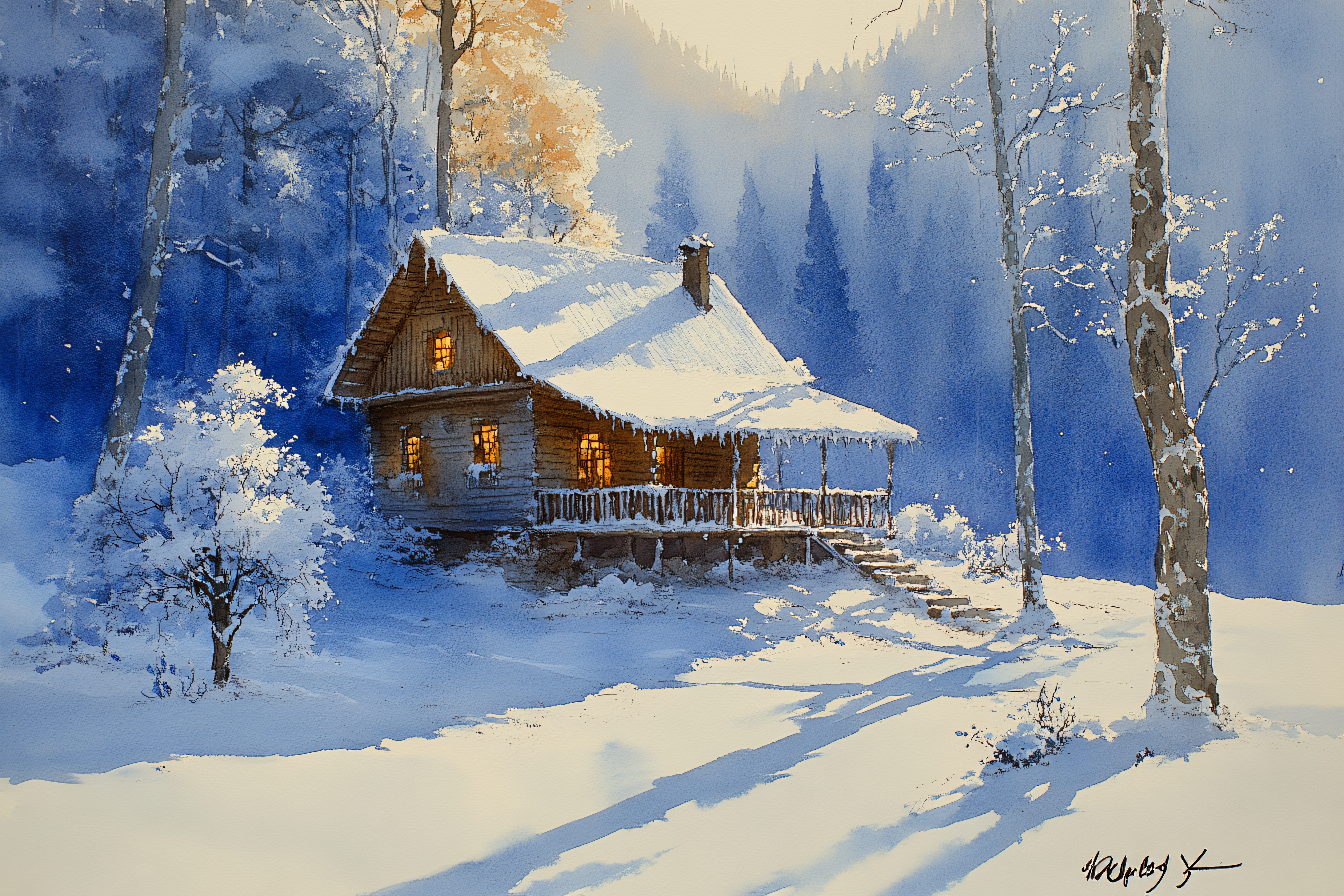 Winter Cabin In Snowy Woods Watercolor