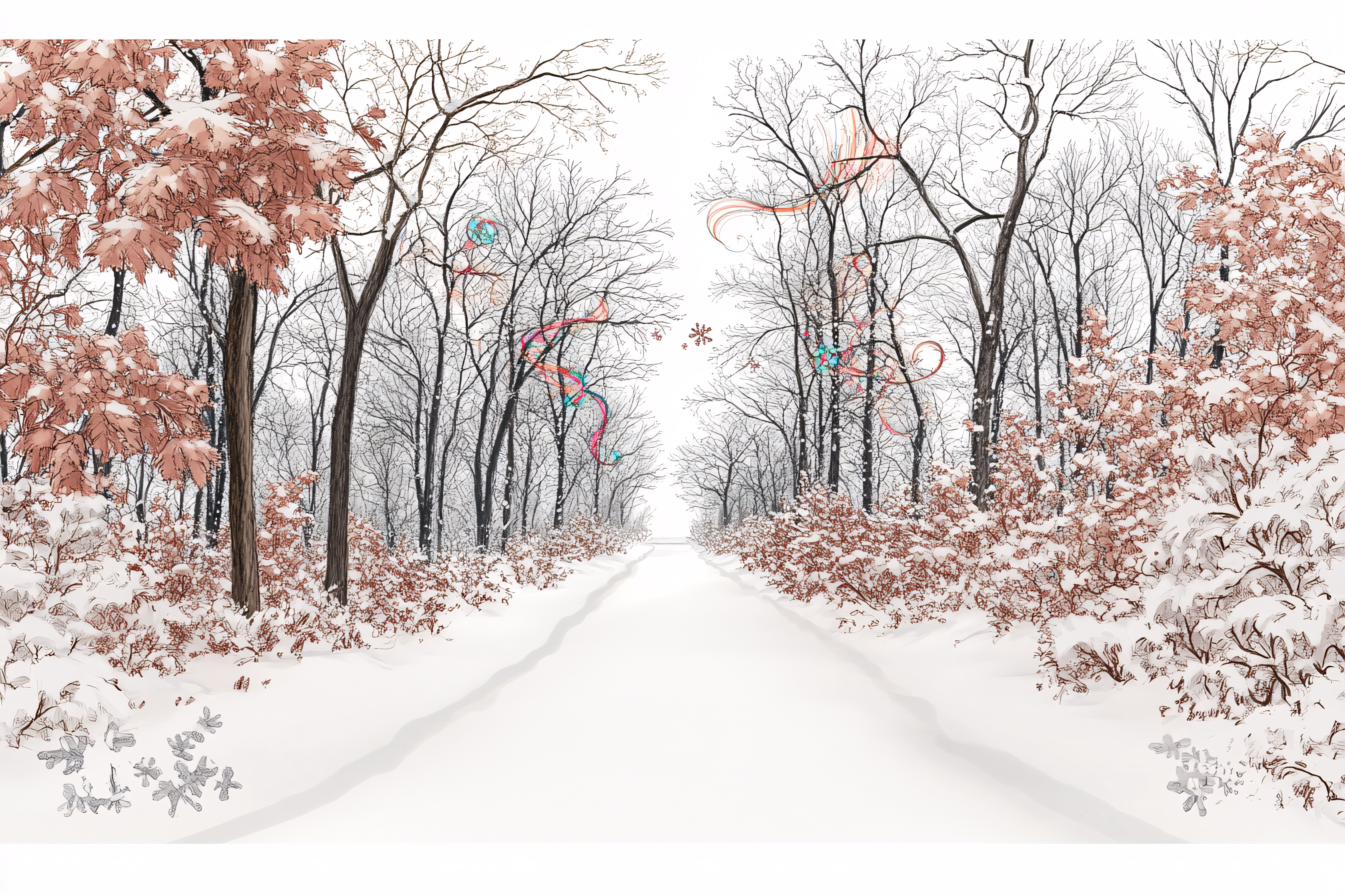 Winter Forest Path With Decorative Ribbons