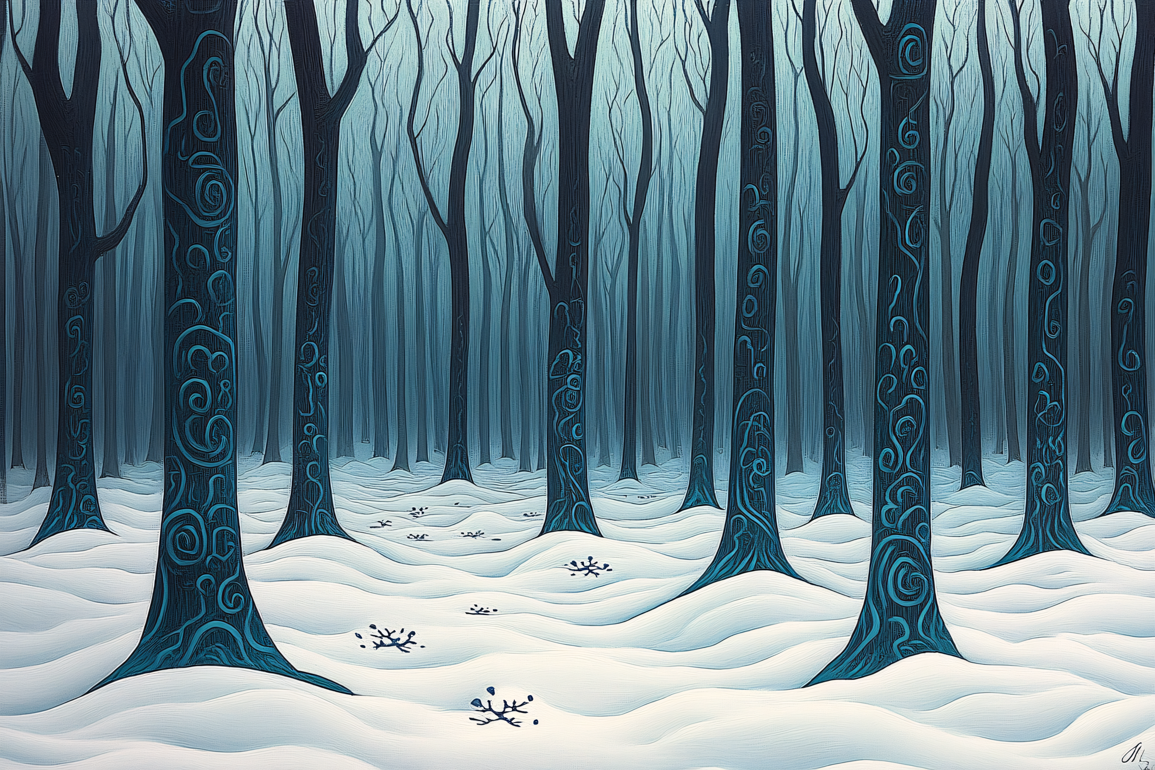 Winter Forest with Spiraling Trees