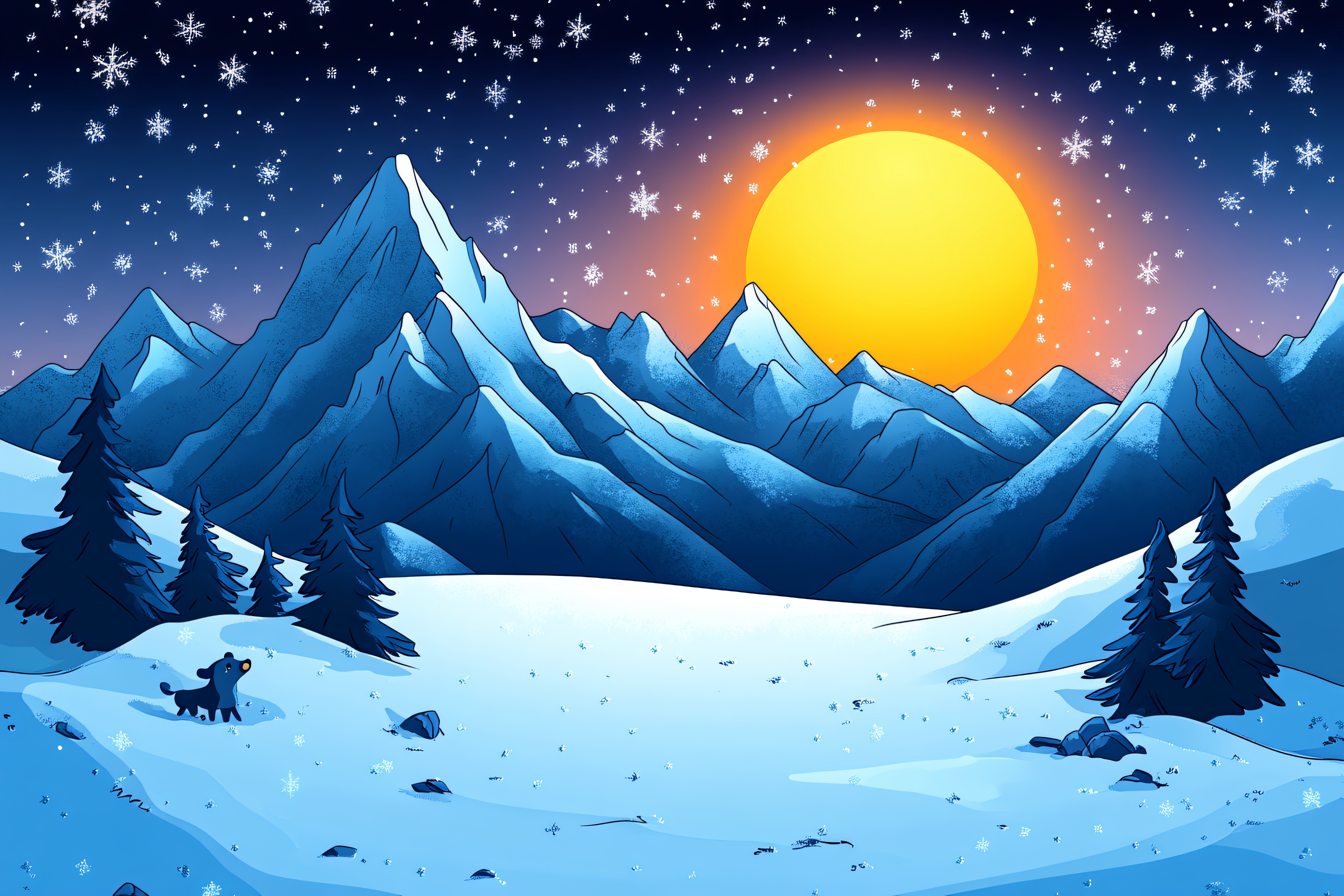 Winter Mountain Sunset Scene With Dog