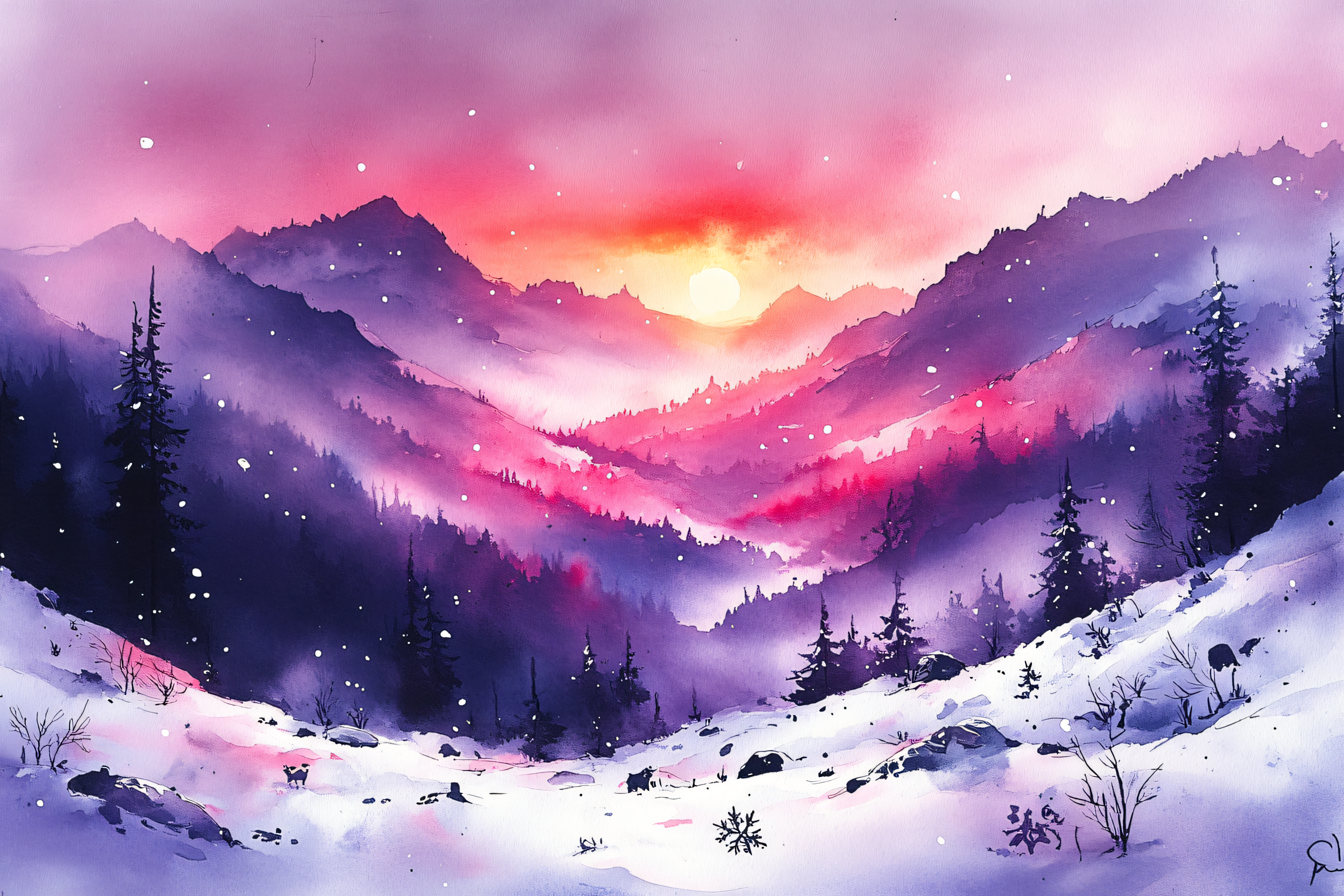 Winter Mountain Sunset Watercolor