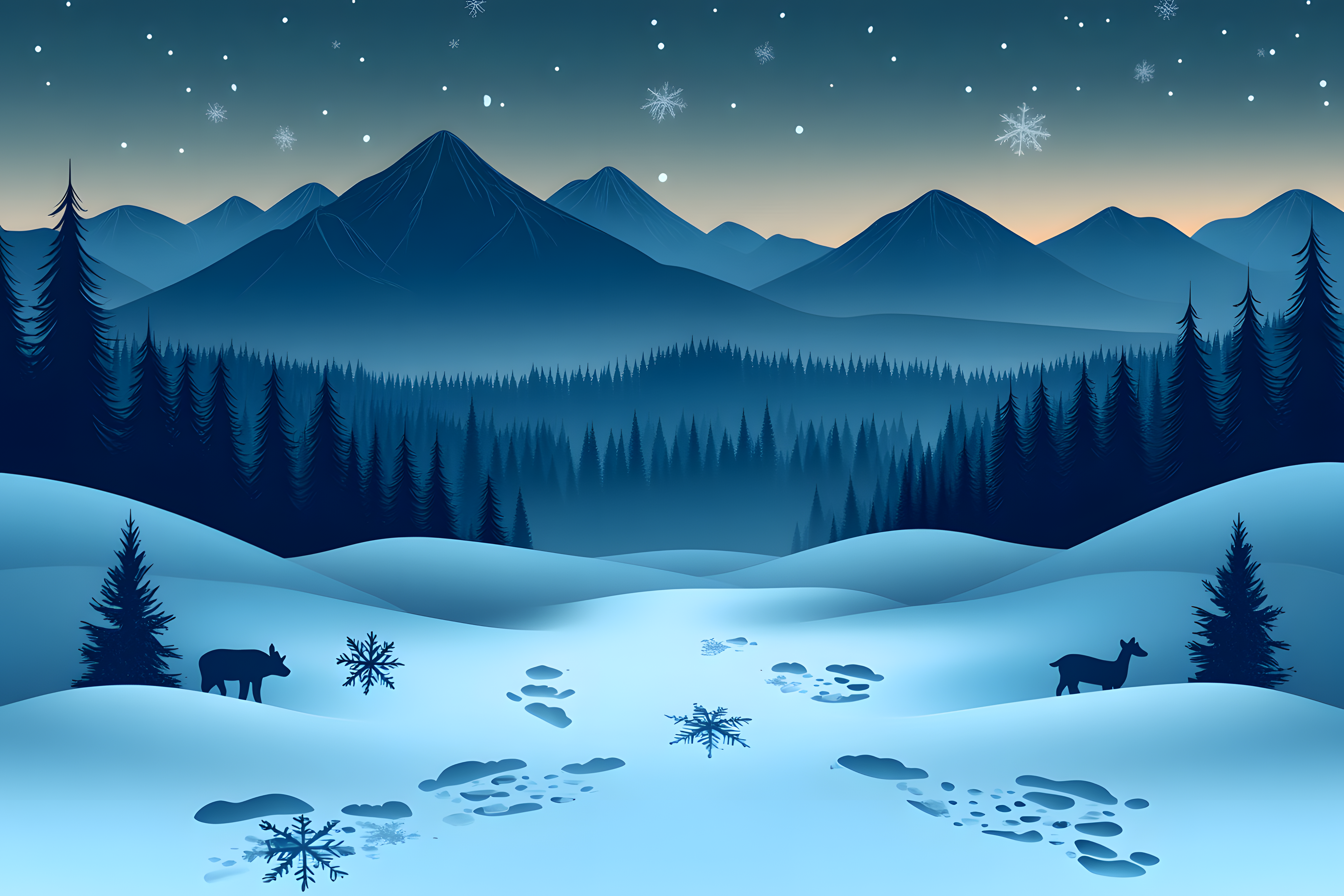 Winter Night Landscape With Deer
