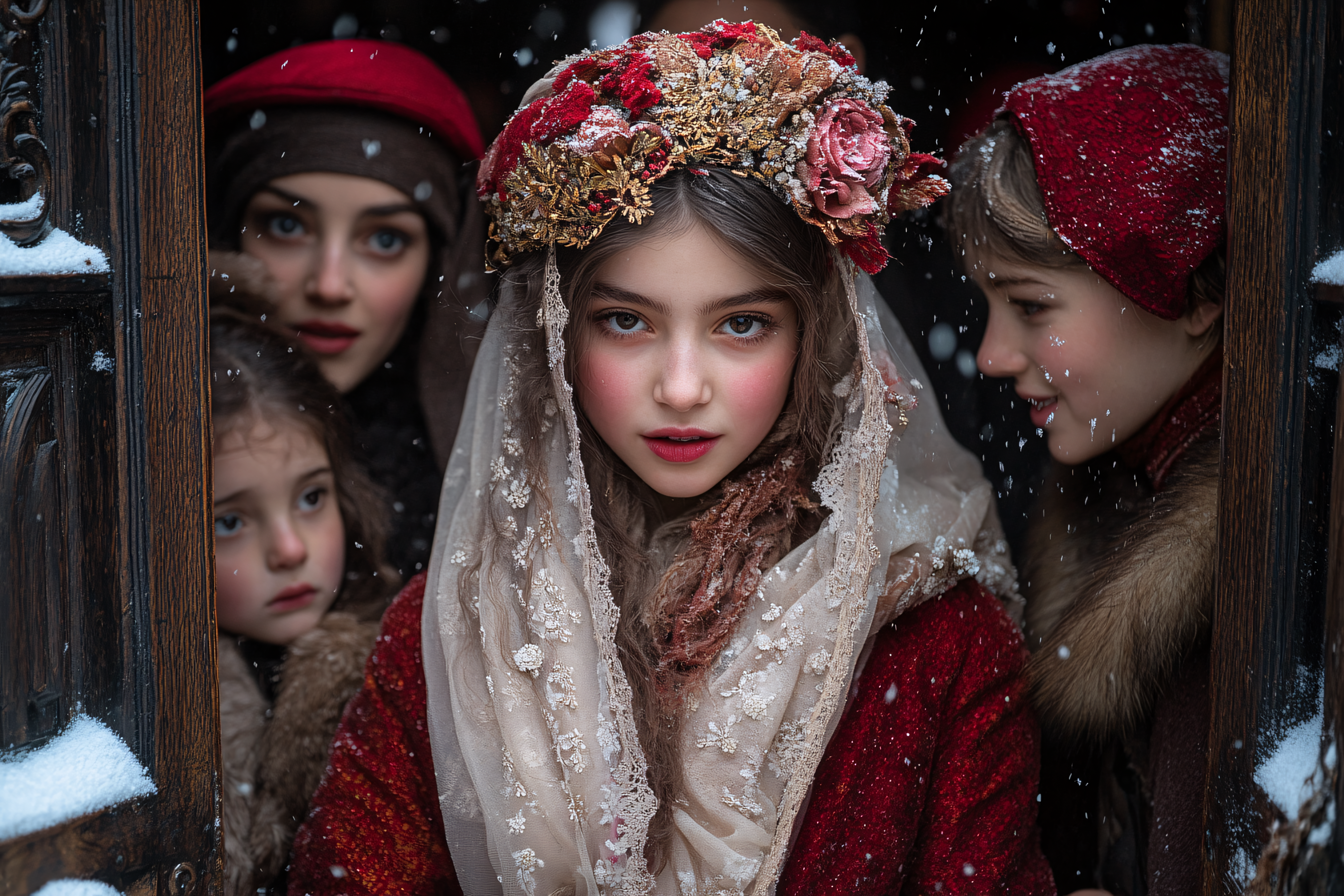 Winter Scene with Women and Girls in Red Headwear