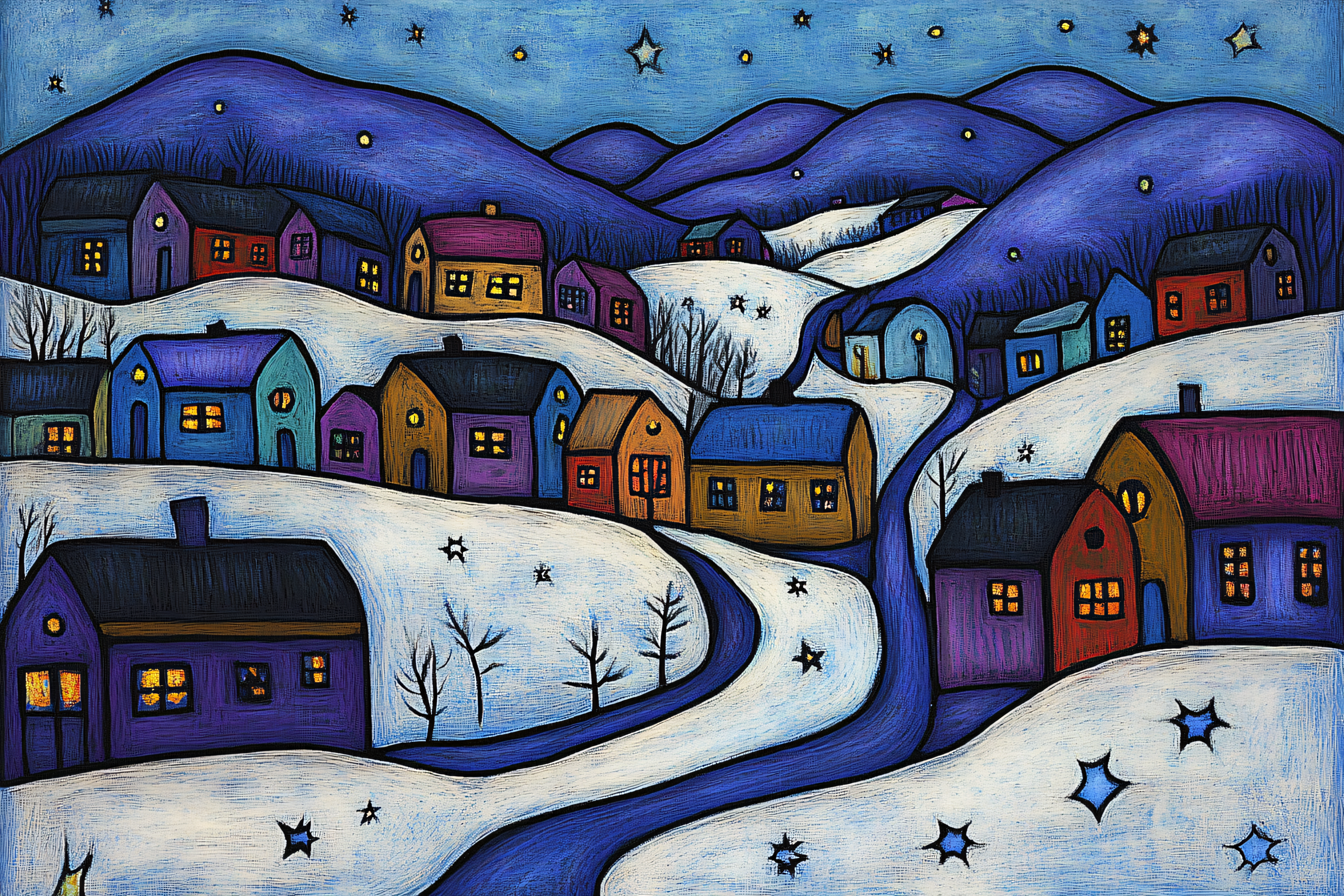 Winter Village Night Scene
