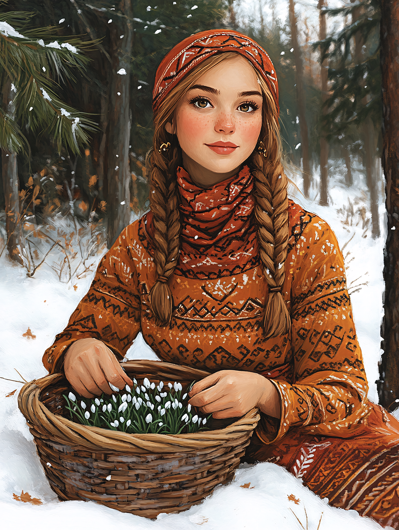 Woman in Orange Attire with Snowdrops in Snowy Forest