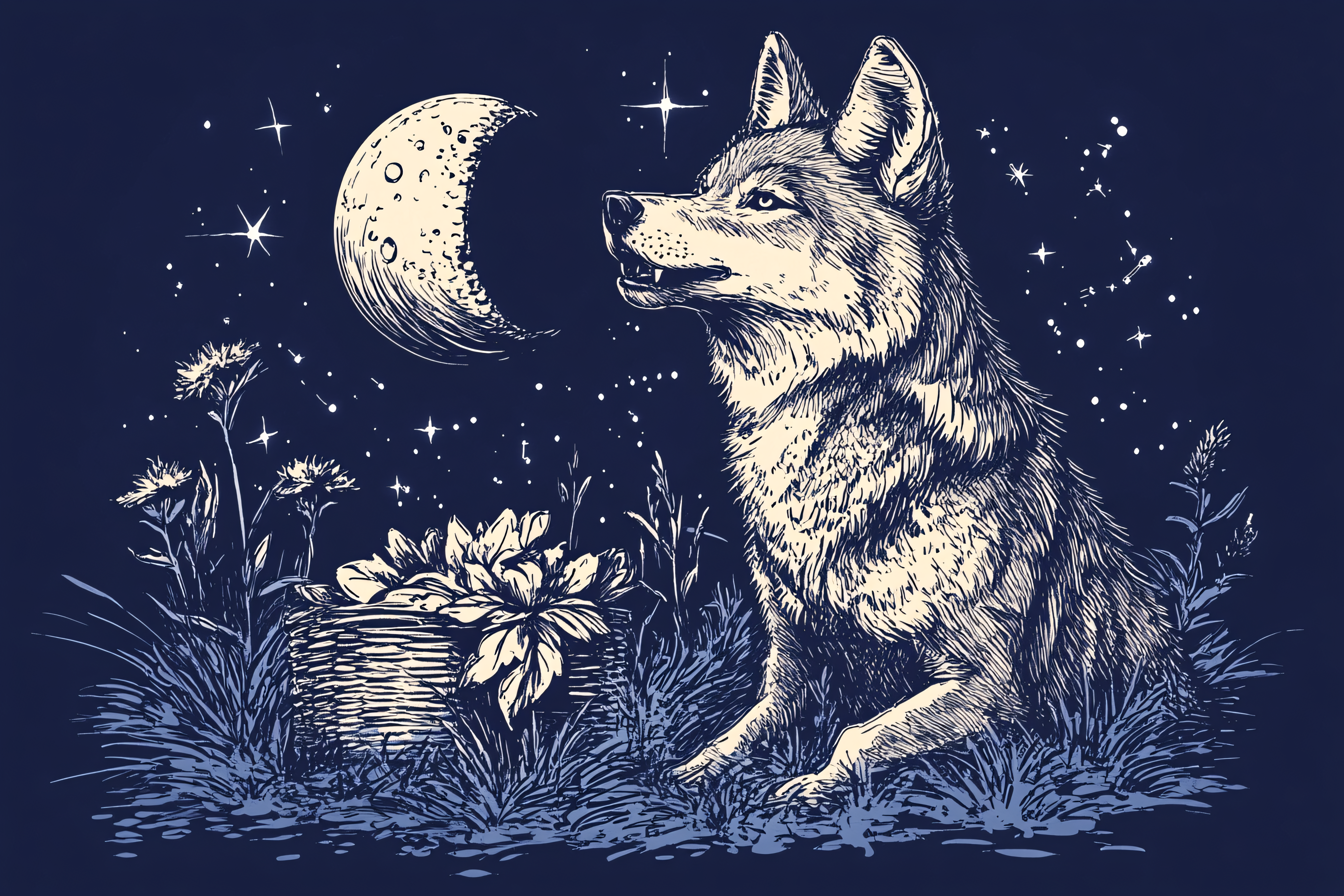 Wolf Howling at Crescent Moon Night