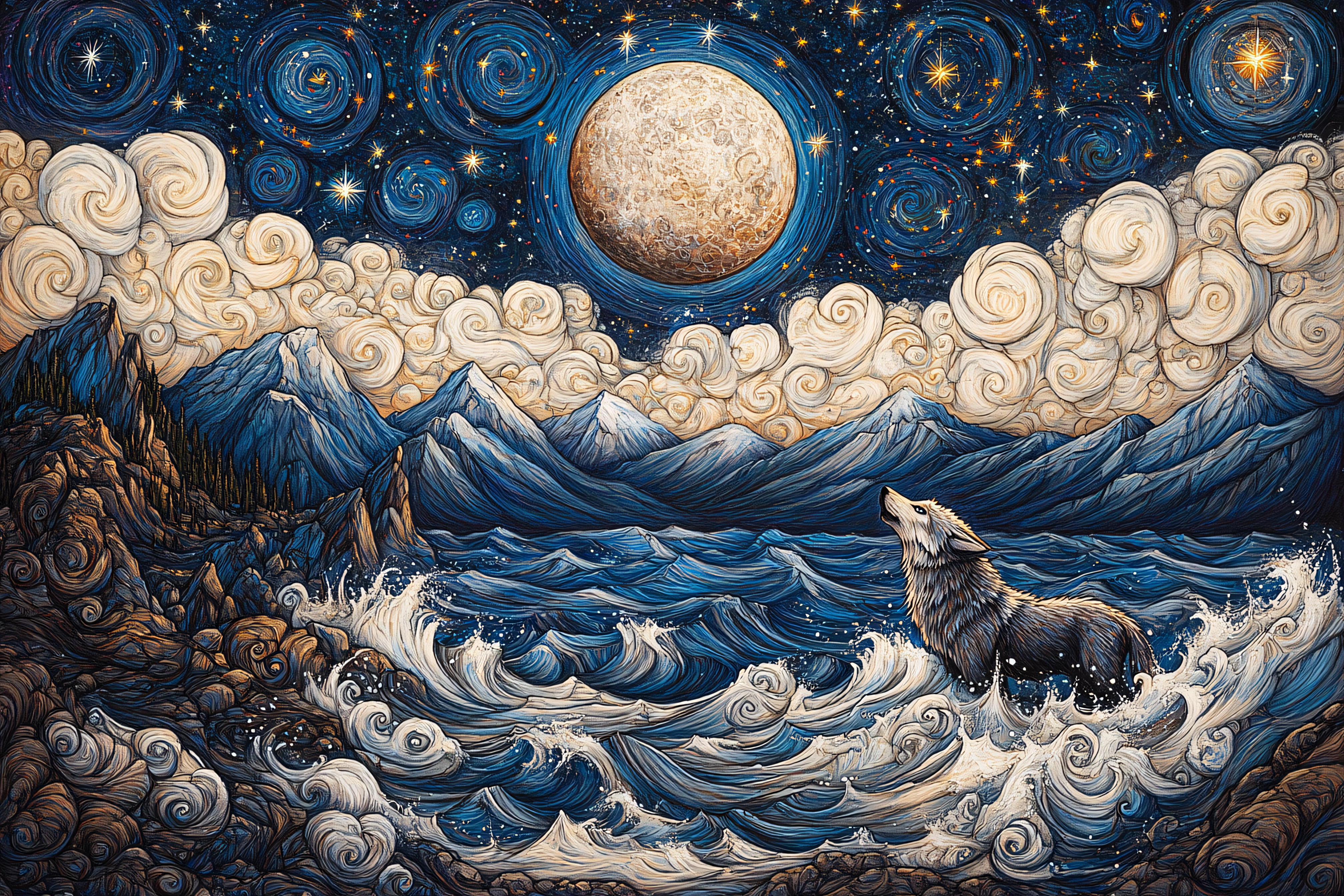 Wolf Howling at Moonlit Ocean