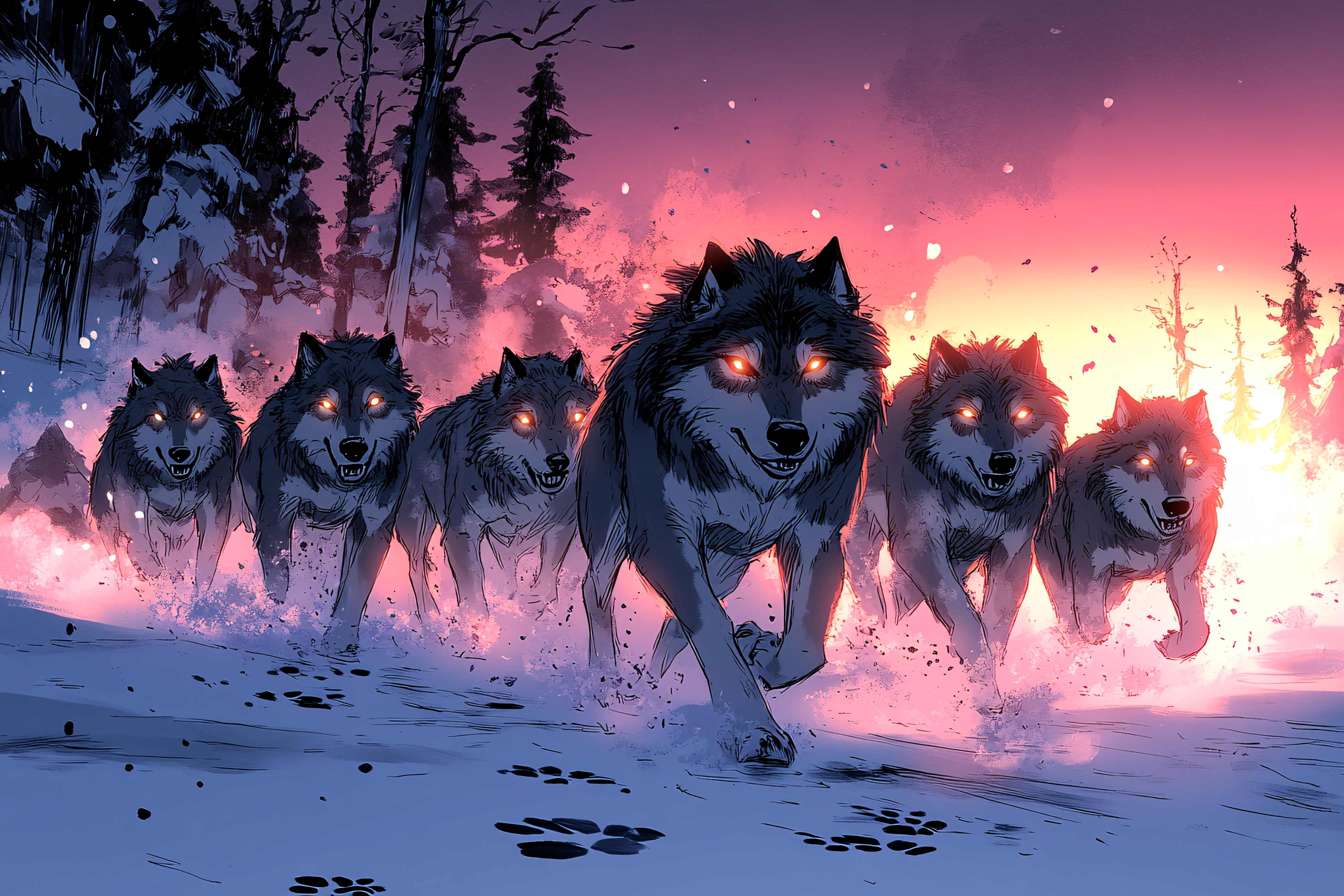 Wolf Pack Charge in Winter Snow