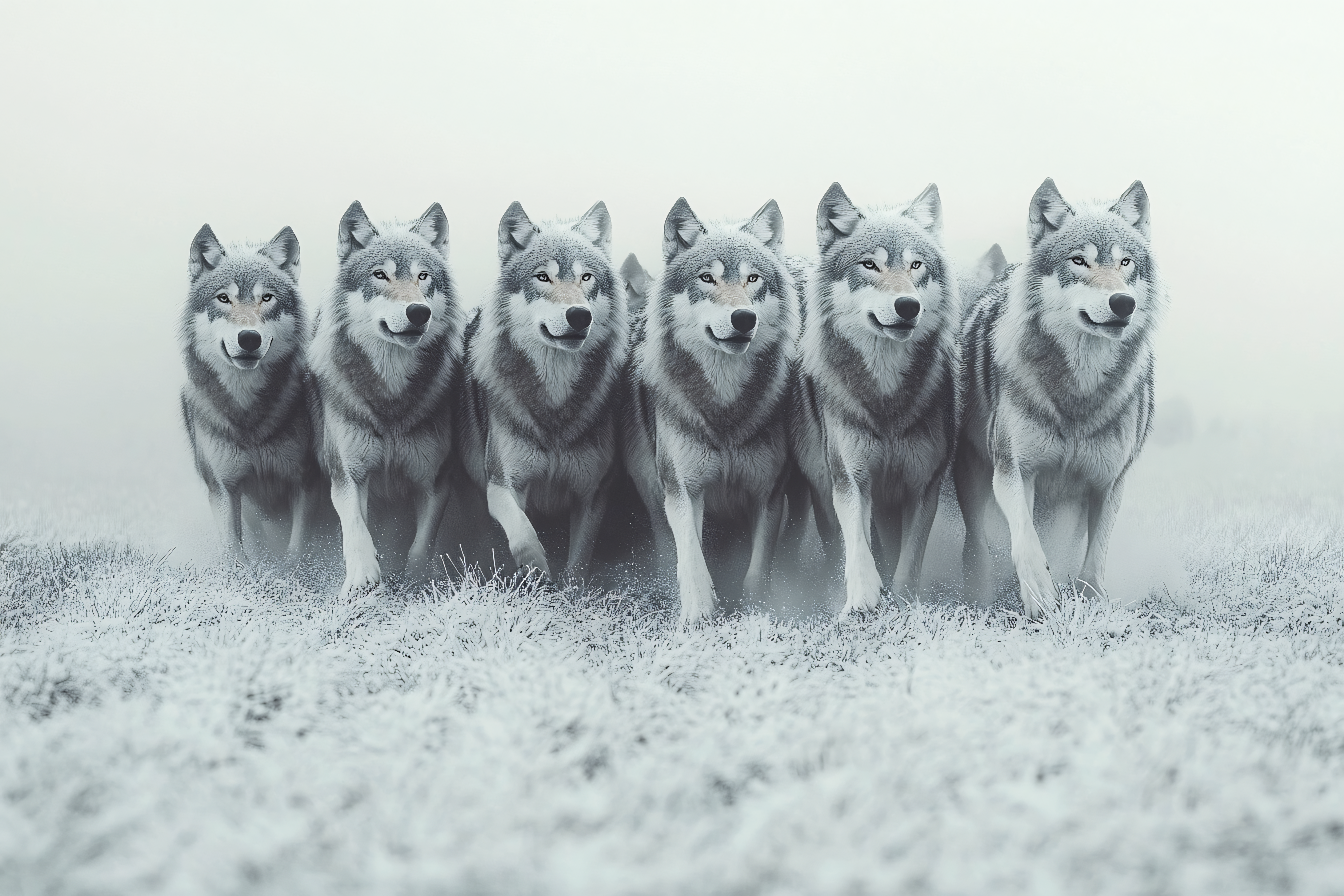 Wolf Pack In Misty Snow