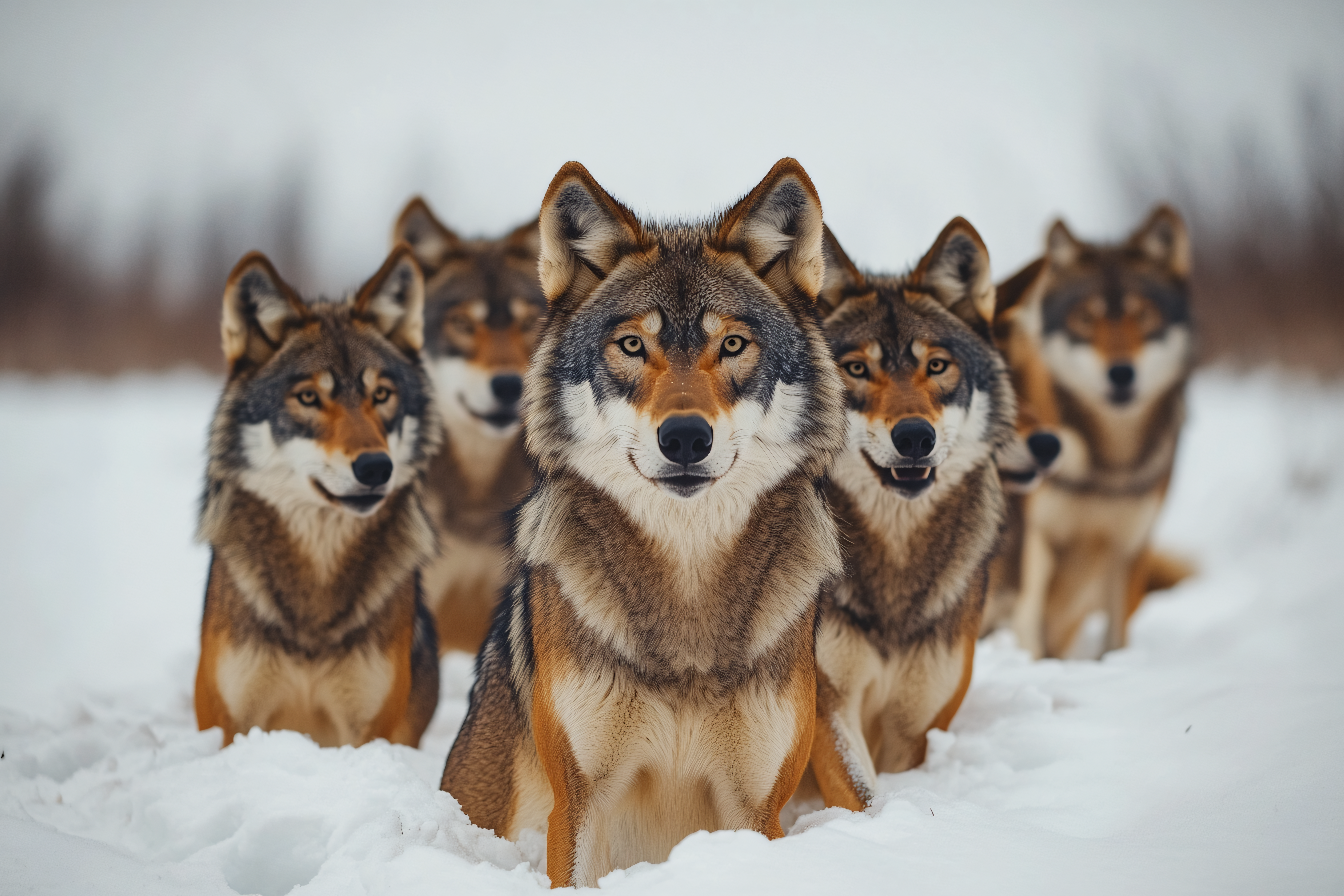 Wolf Pack in Winter Snow