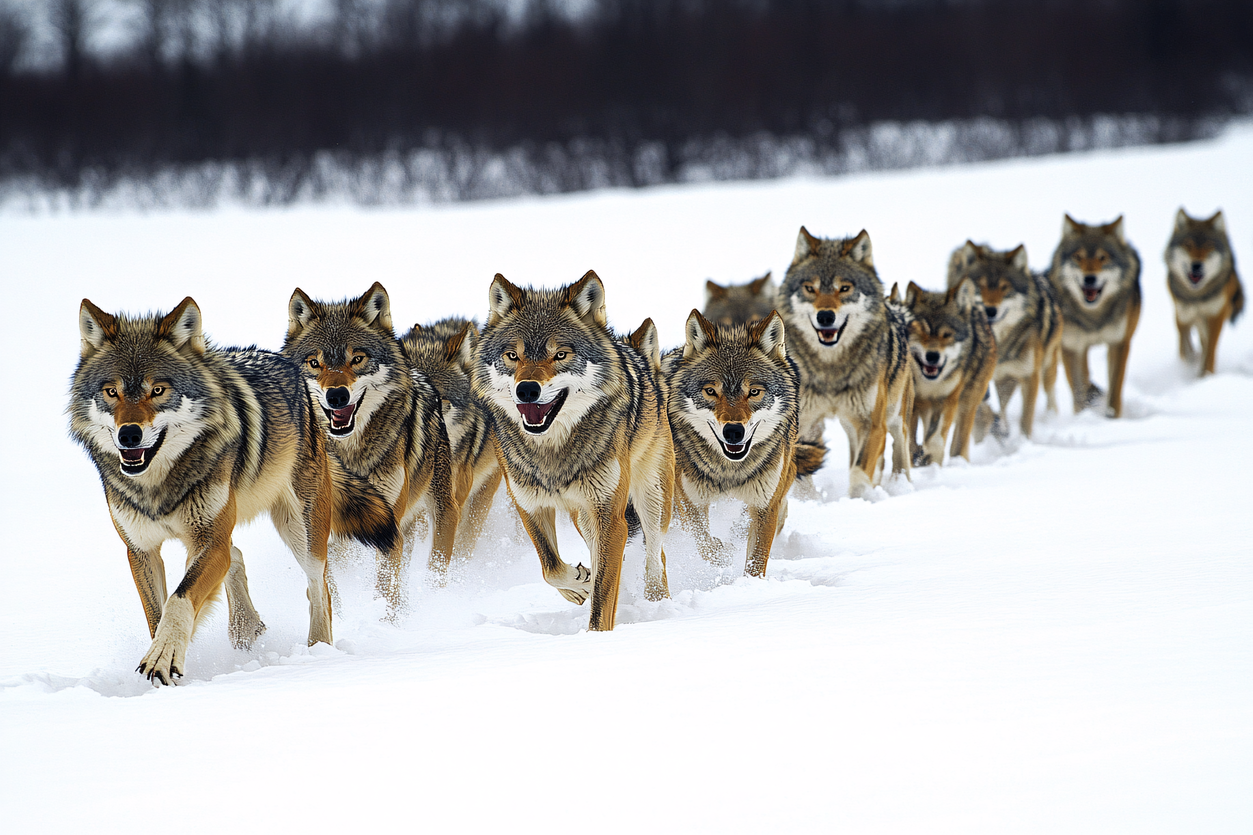 Wolf Pack Running in Snow