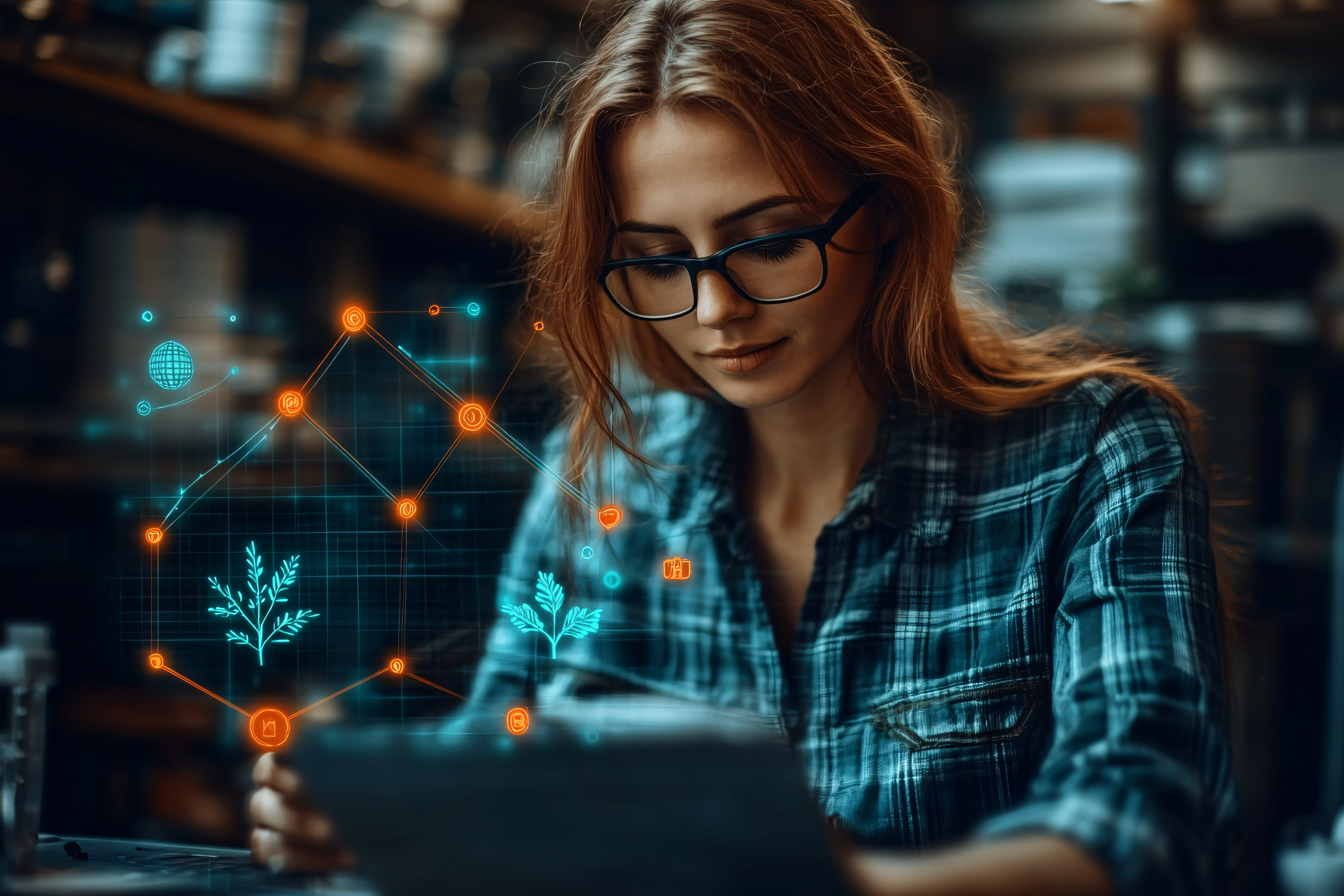 Woman Analyzing Data with Overlay Graphics