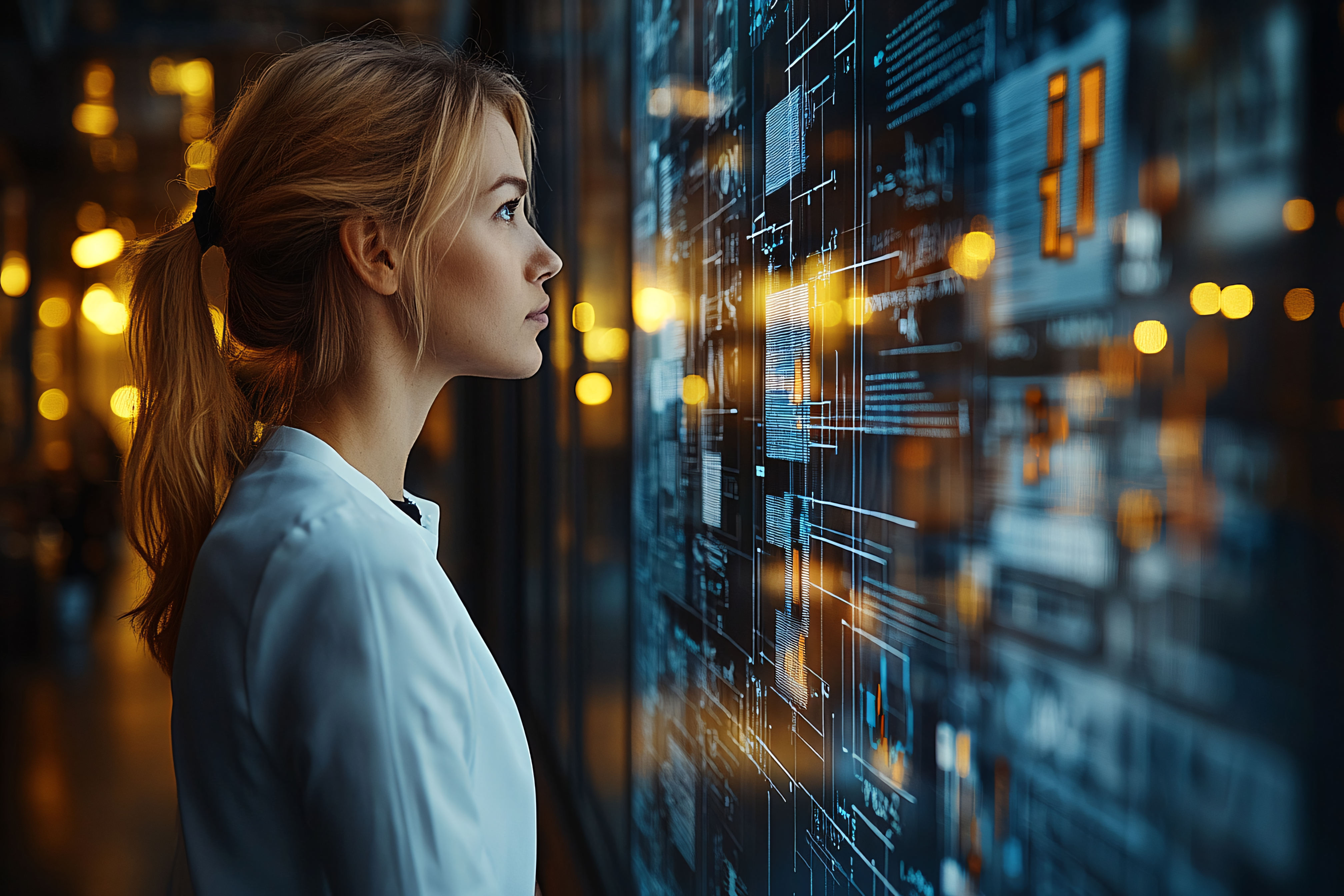 Woman Analyzing Futuristic Data Screen