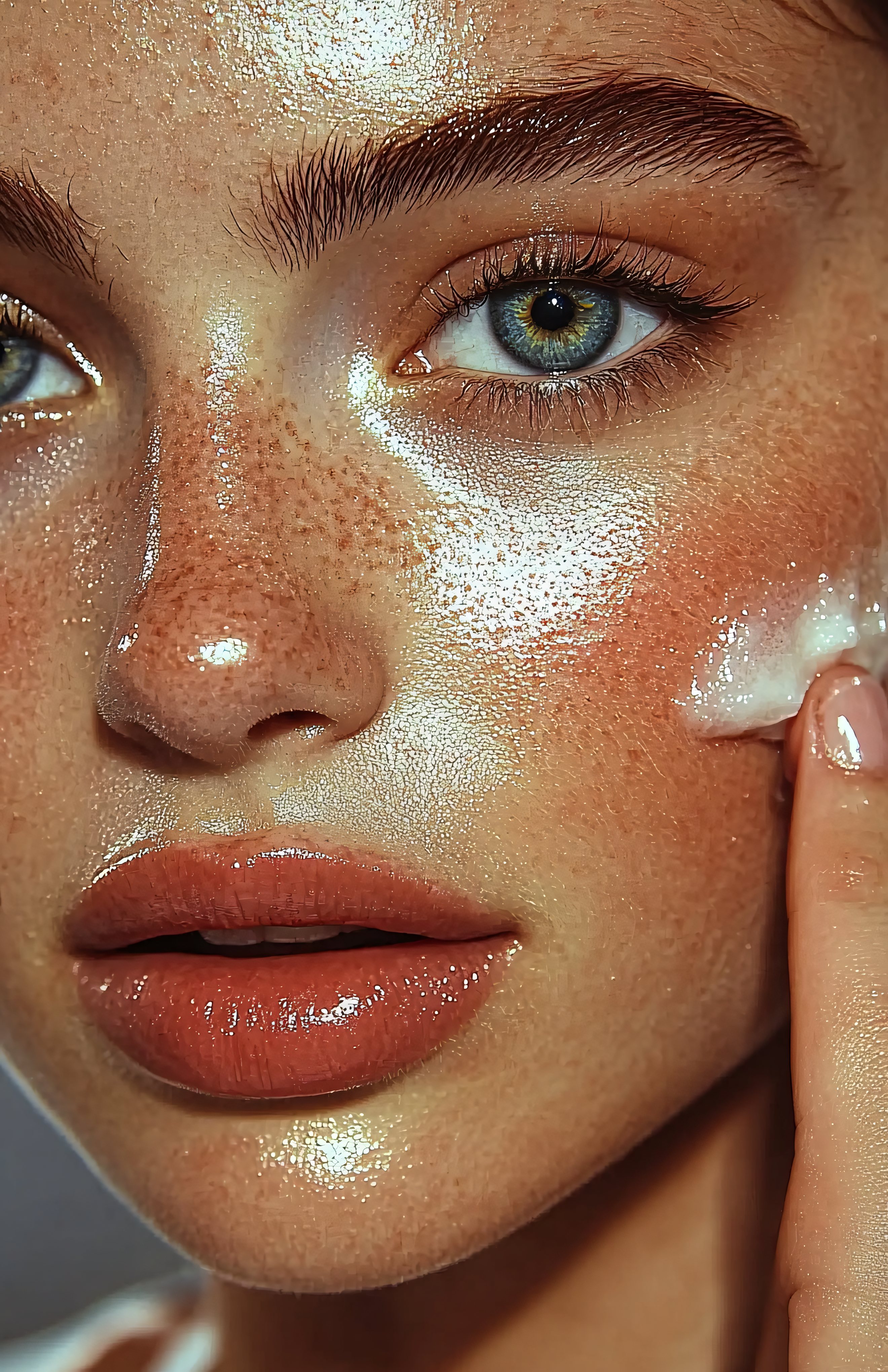 Woman Applies Moisturizer to Dewy Freckled Skin