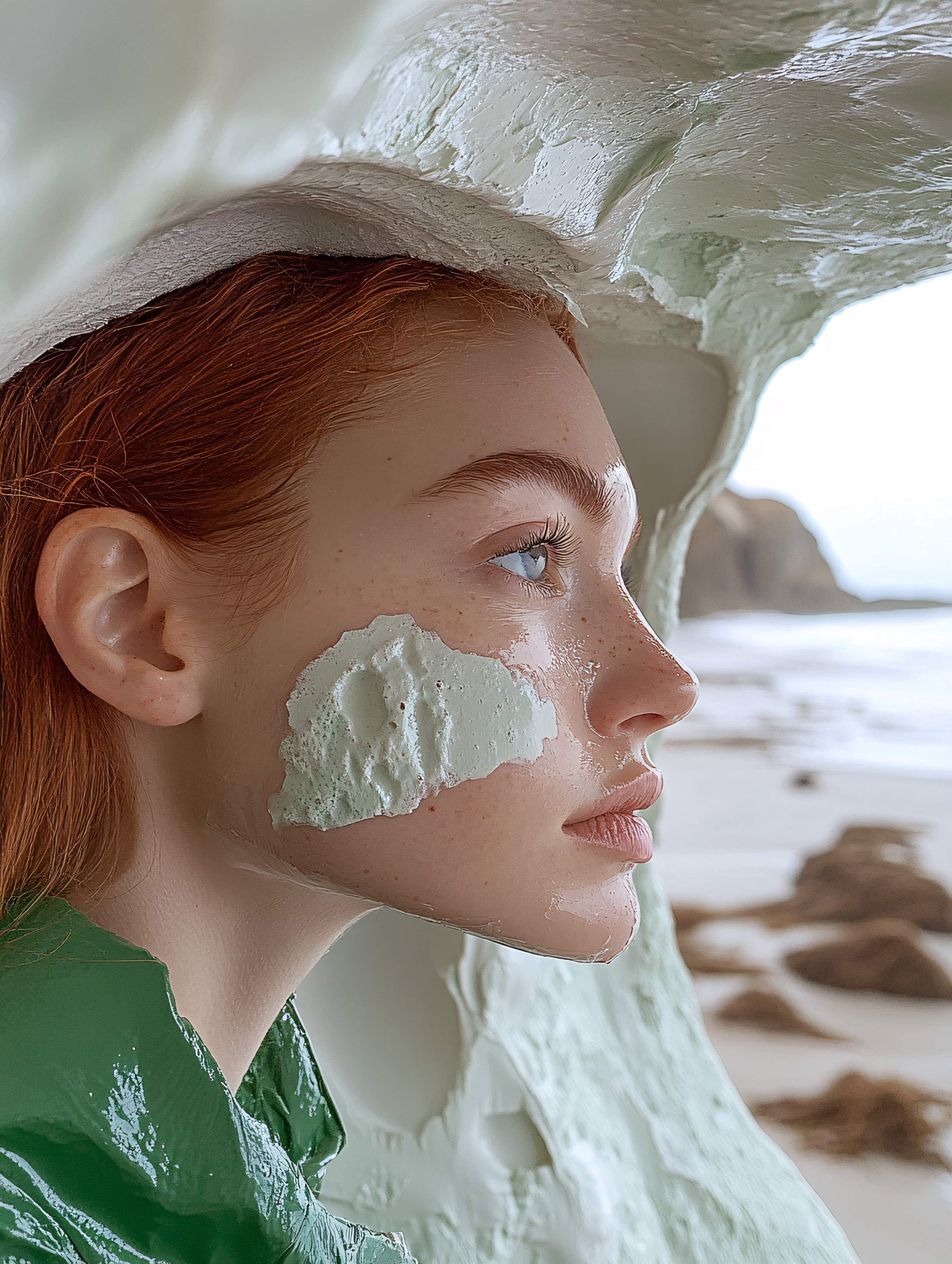 Woman Applying Clay Mask on Face at Beach