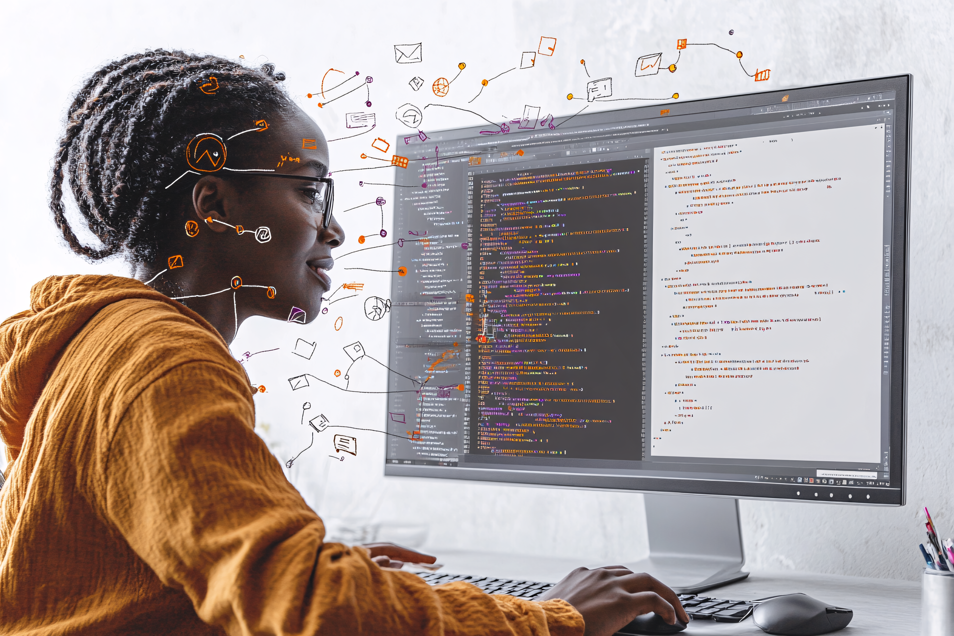Woman Coding At Computer With Doodle Overlay