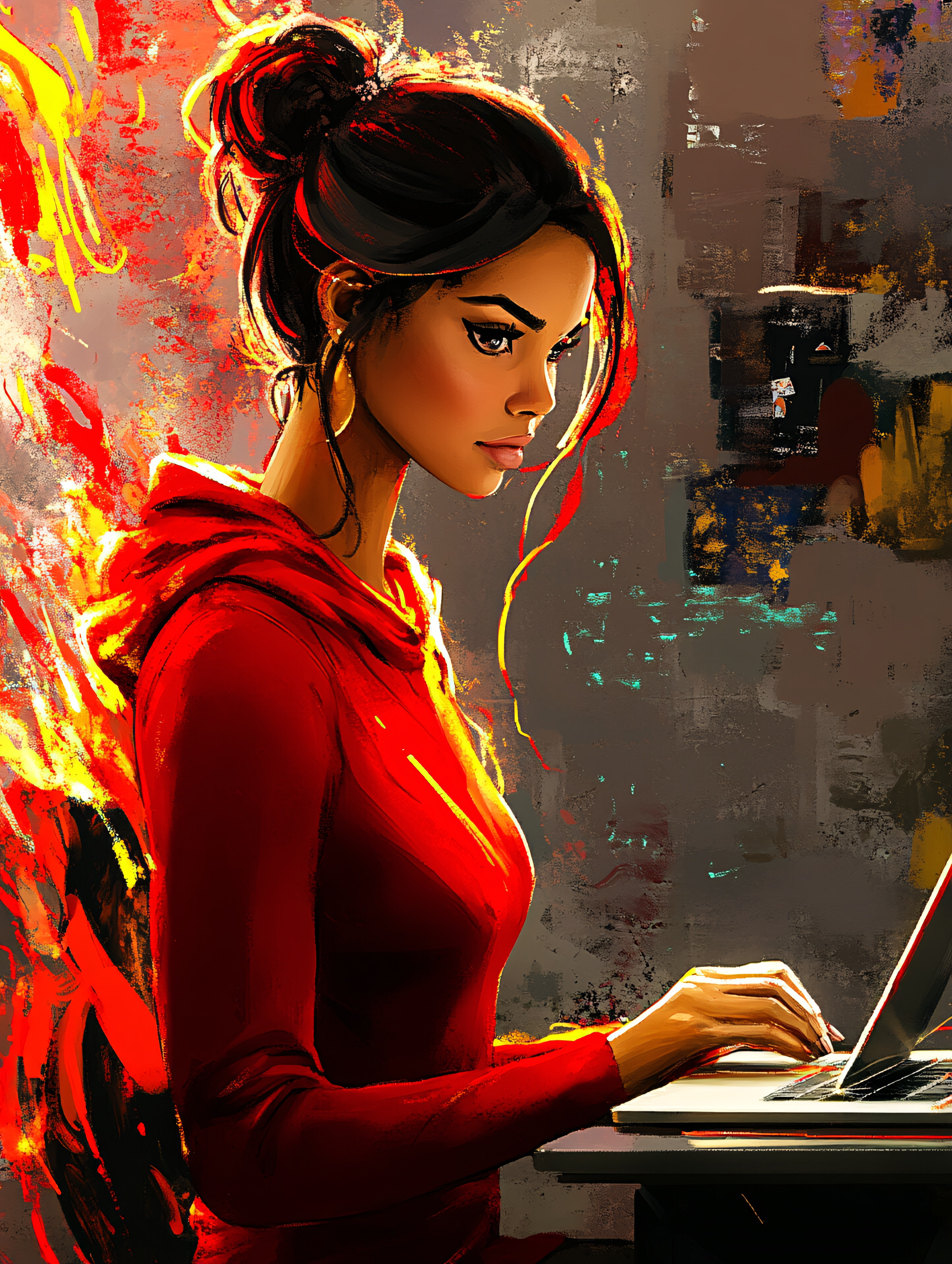Woman Coding In Red Hoodie