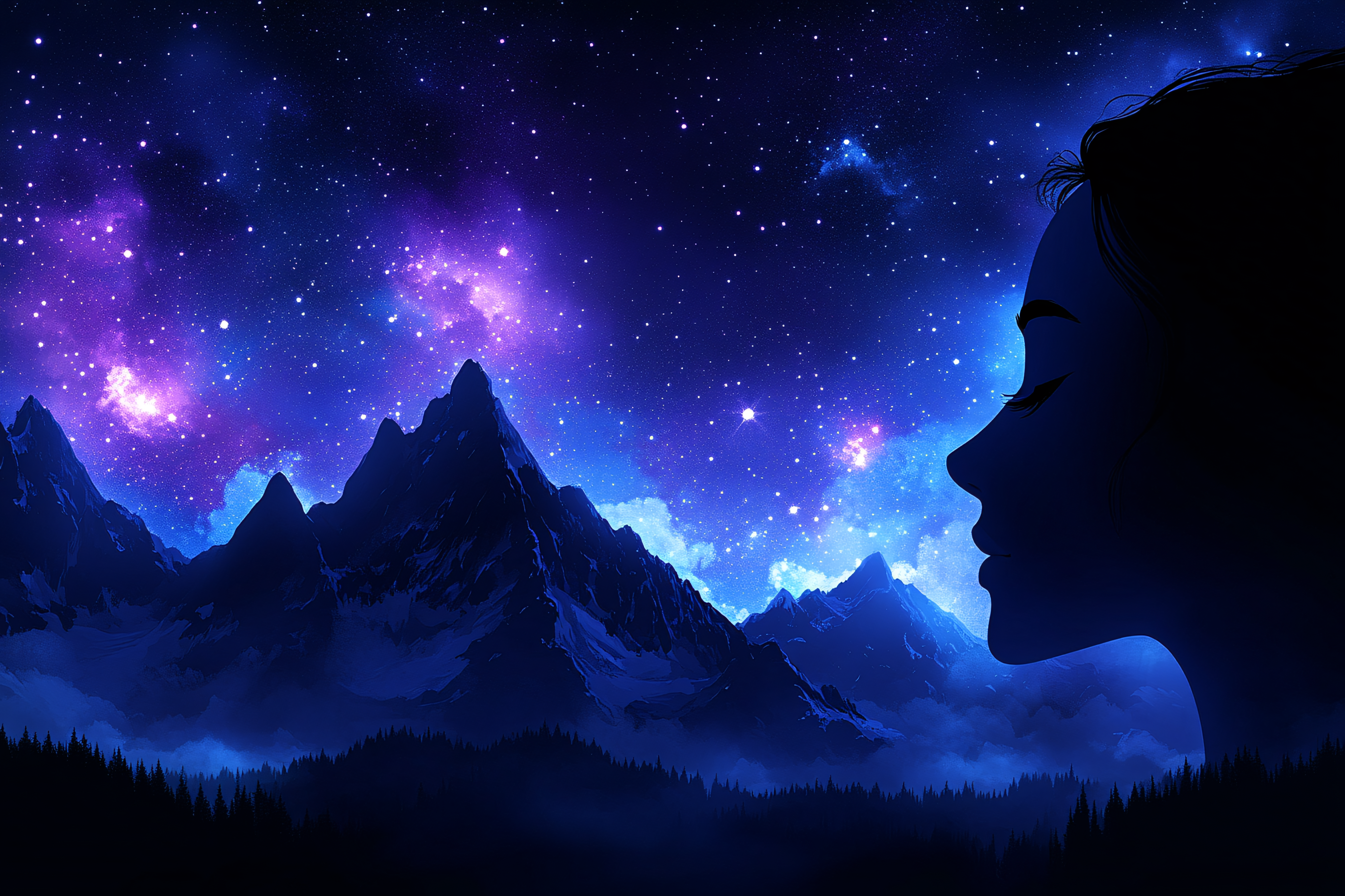 Woman Gazing at Night Sky Mountains