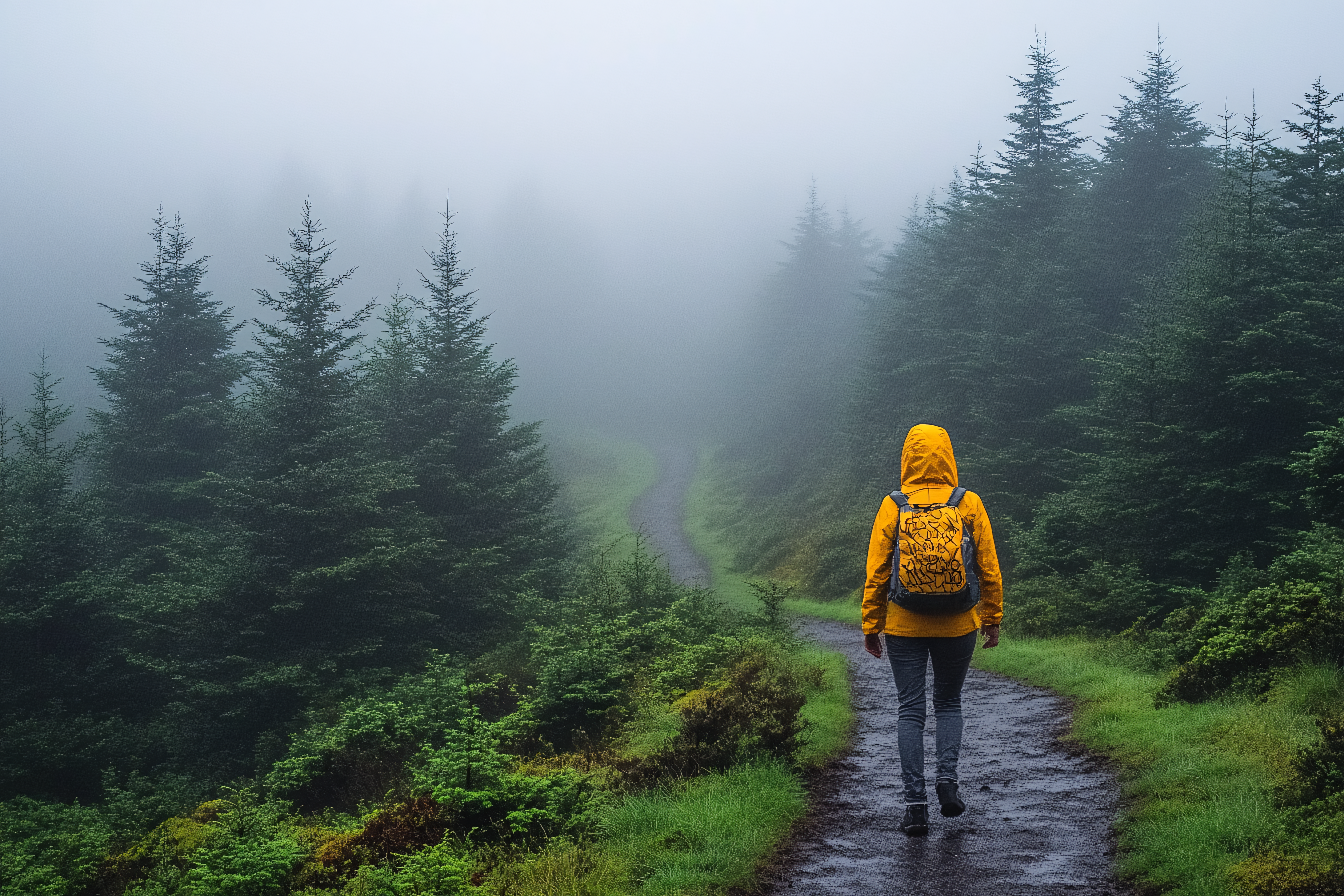 Woman Hiking Through Foggy Forest