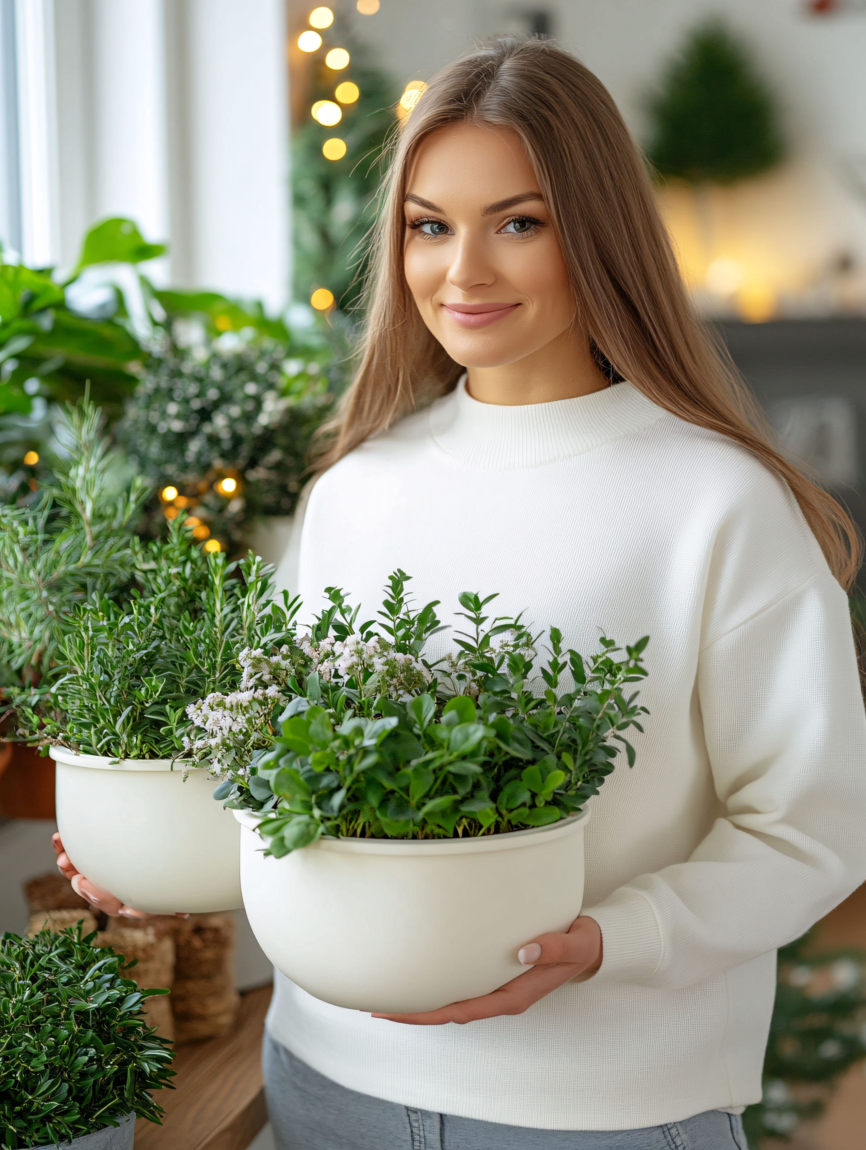 Woman Holding Potted Plants