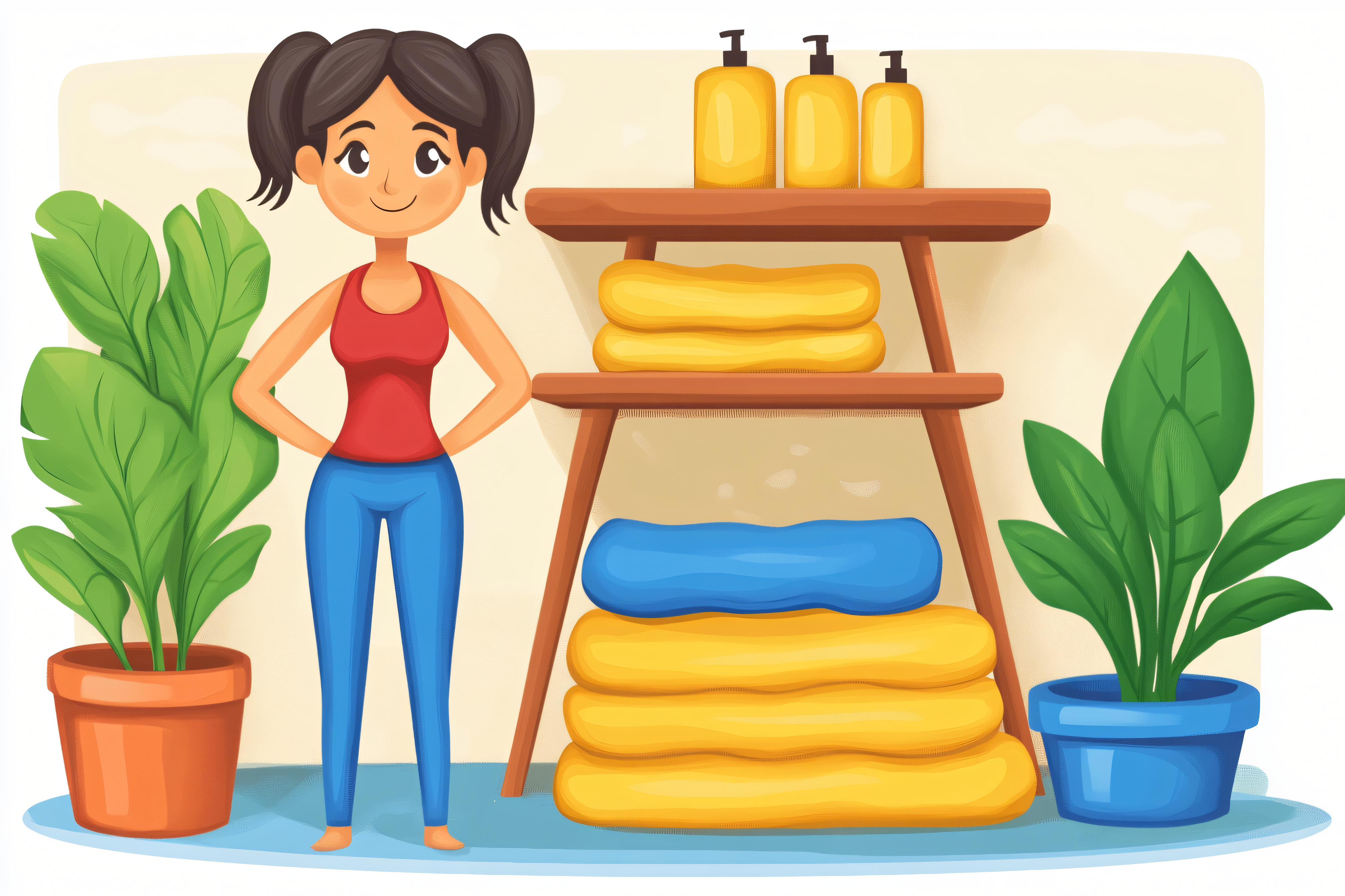 Woman in Bathroom with Plants and Towels