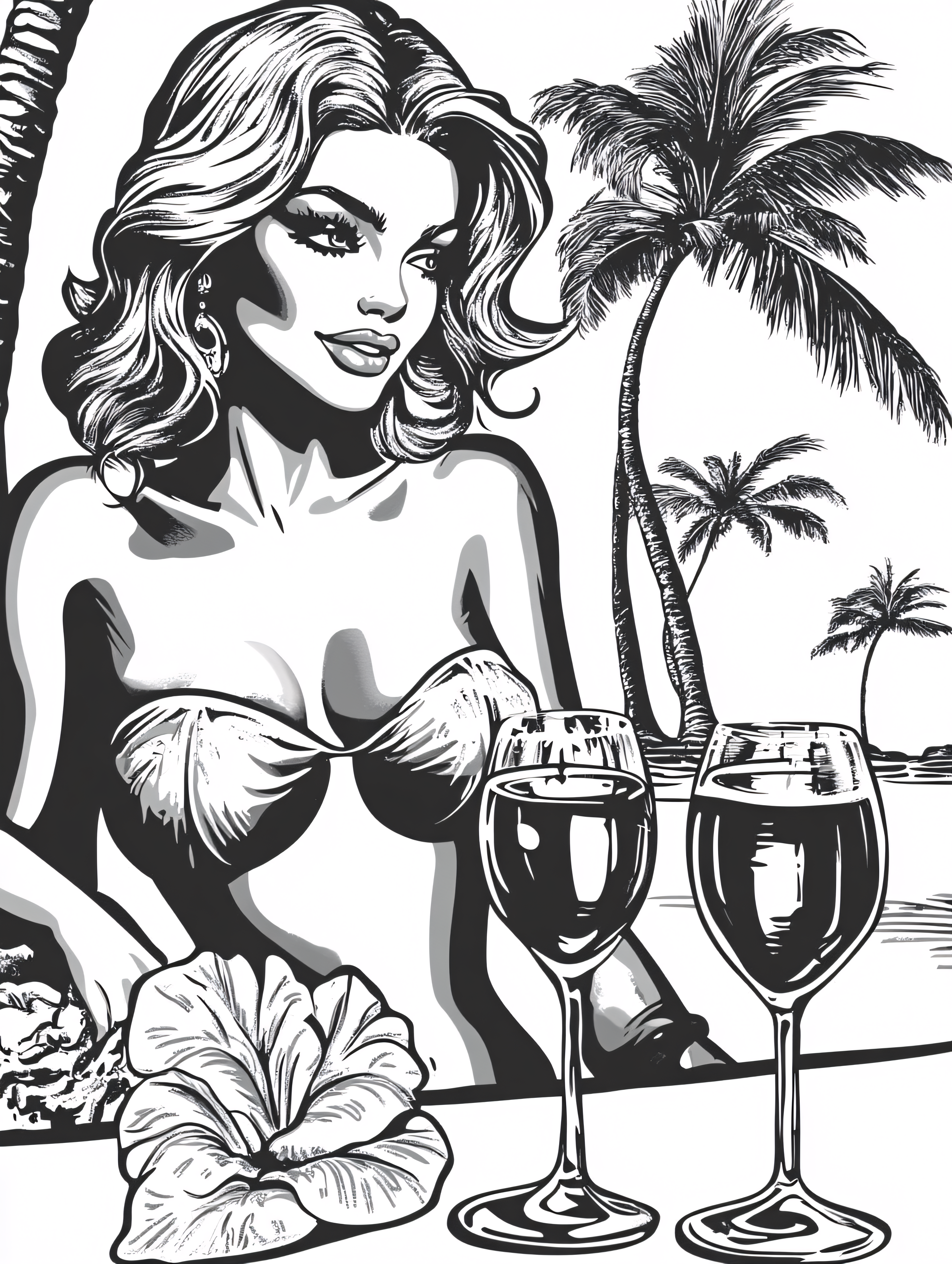 Woman In Bikini With Wine Glasses On Tropical Beach