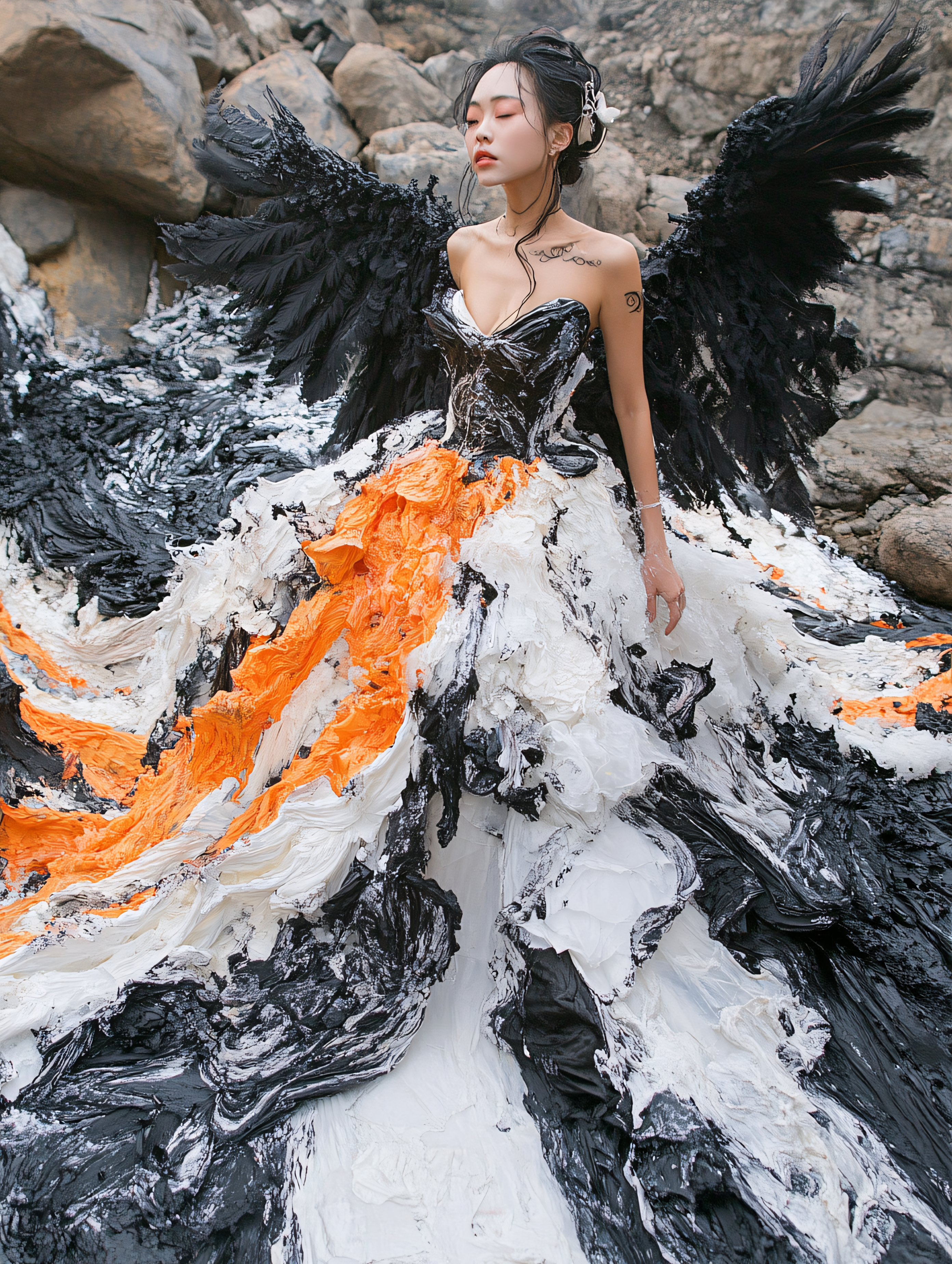 Woman In Black And White Winged Dress