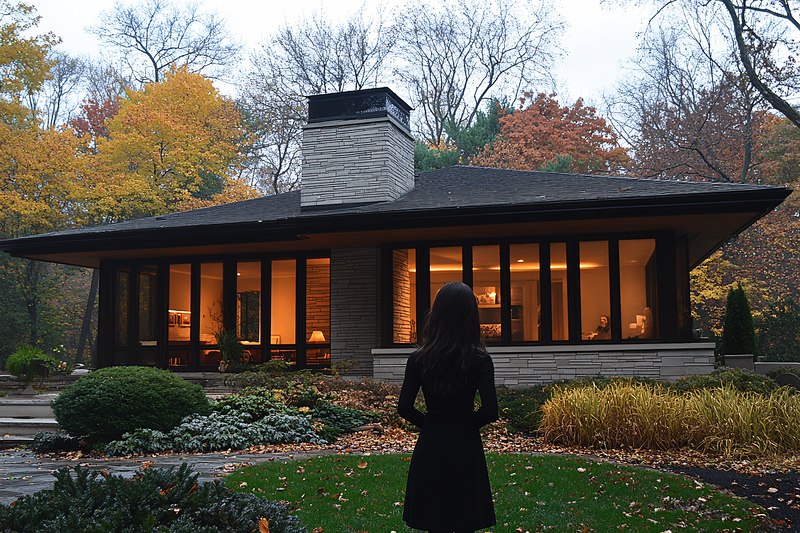 Woman In Black Dress Admiring Modern House In Autumn