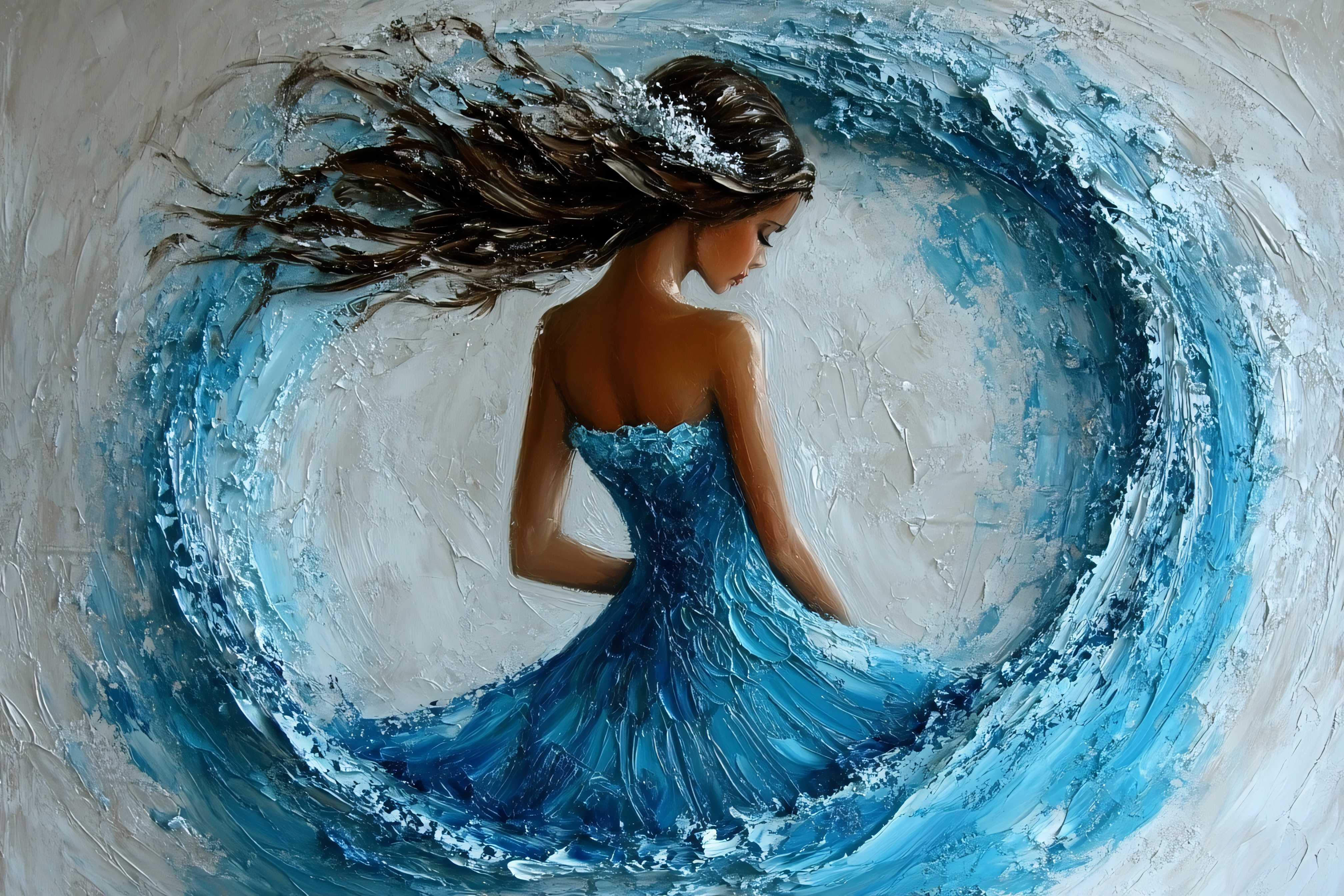 Woman In Blue Dress Surrounded By Swirling Blues