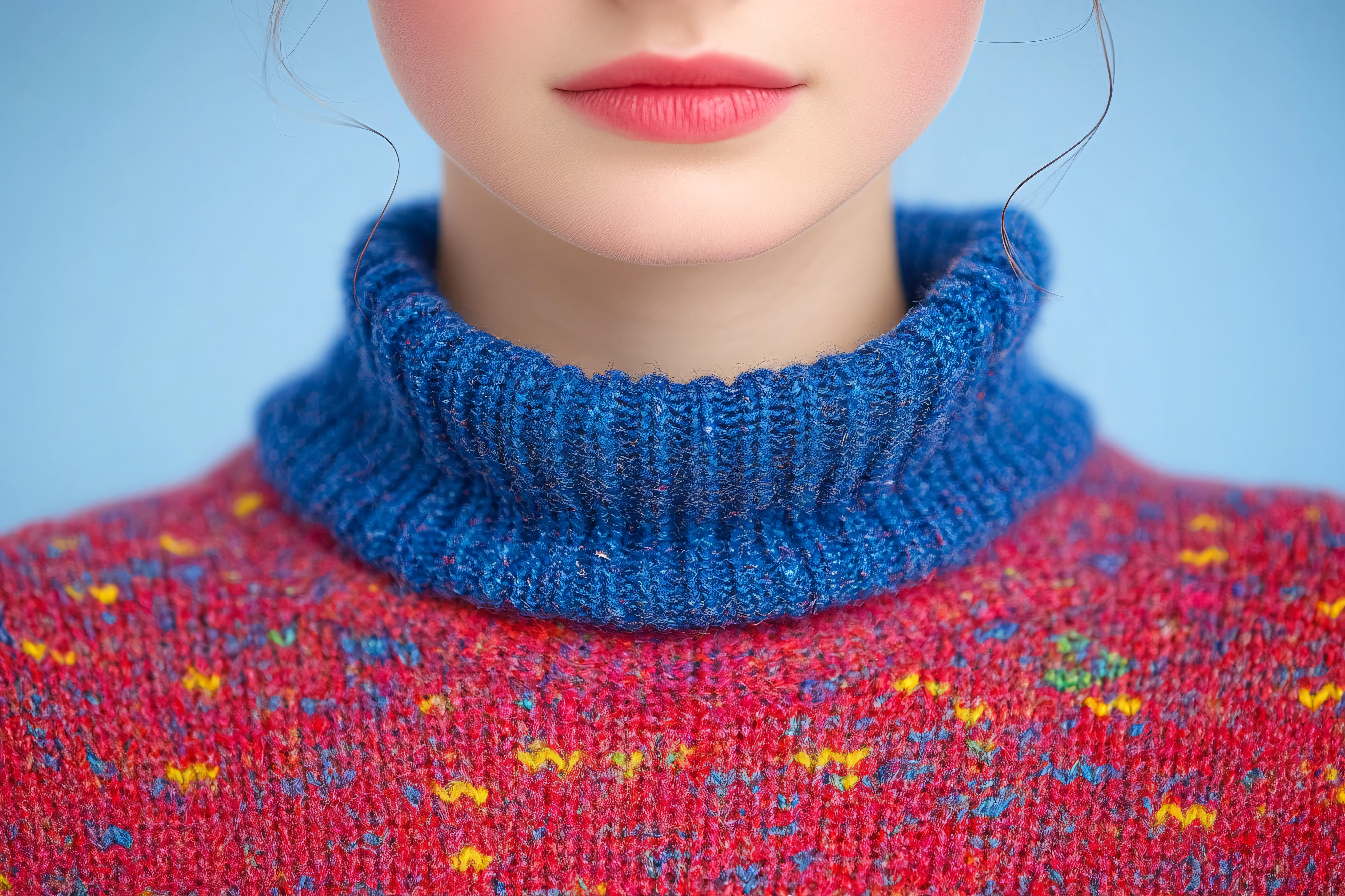 Woman In Blue Turtleneck And Red Sweater