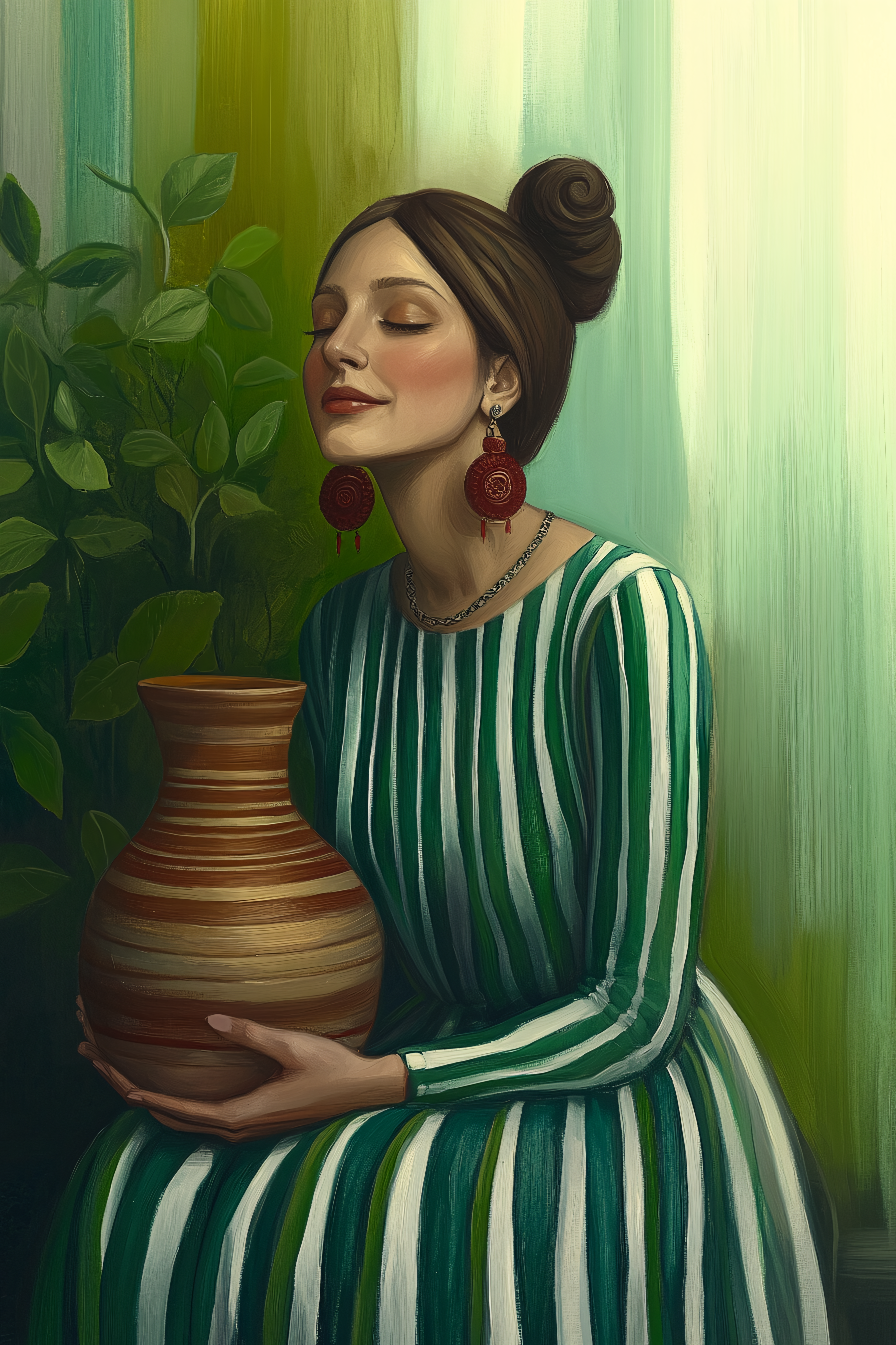 Woman In Green Dress With Vase