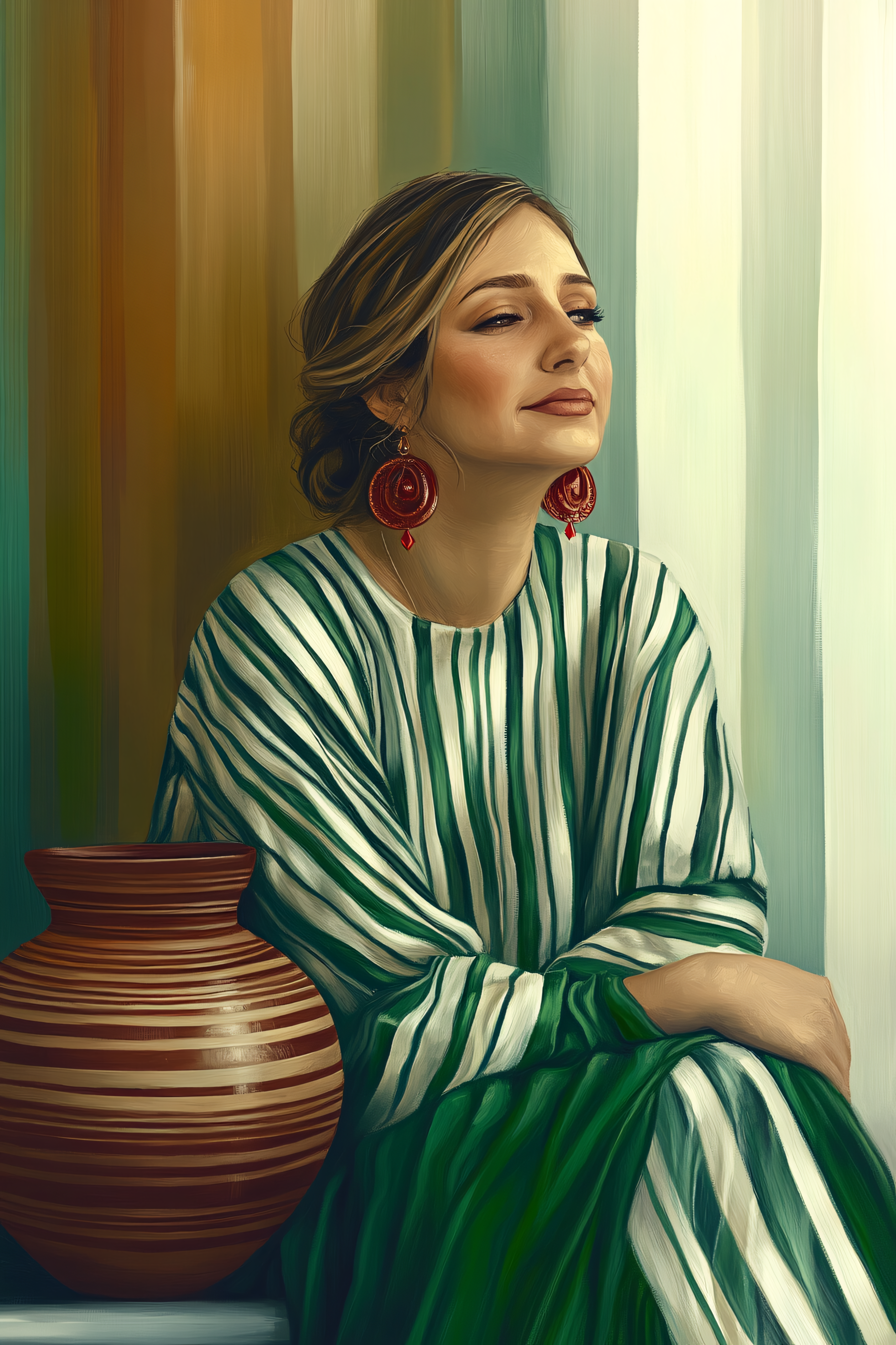 Woman In Green Stripes With Vase