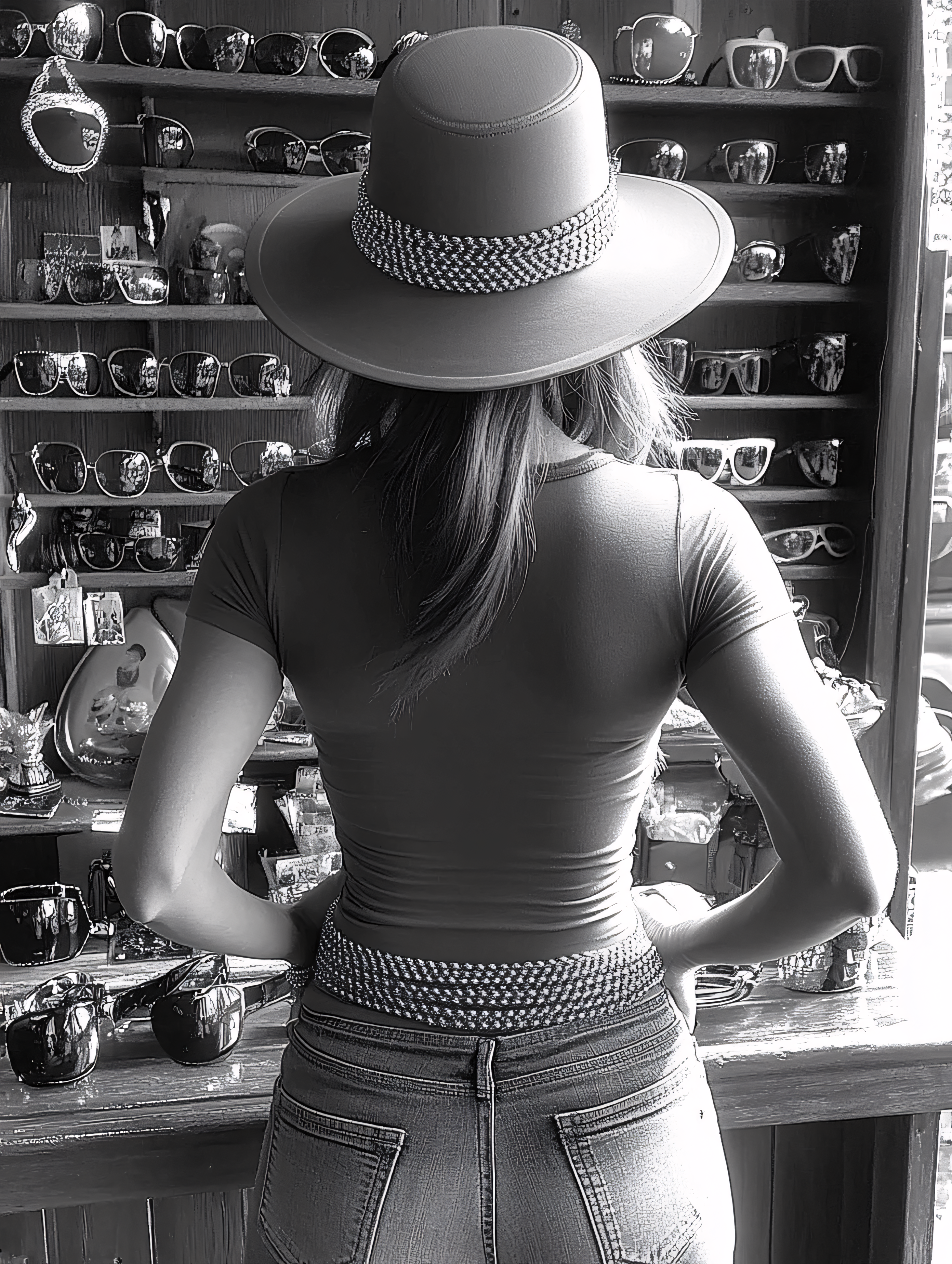 Woman In Hat Shopping For Sunglasses