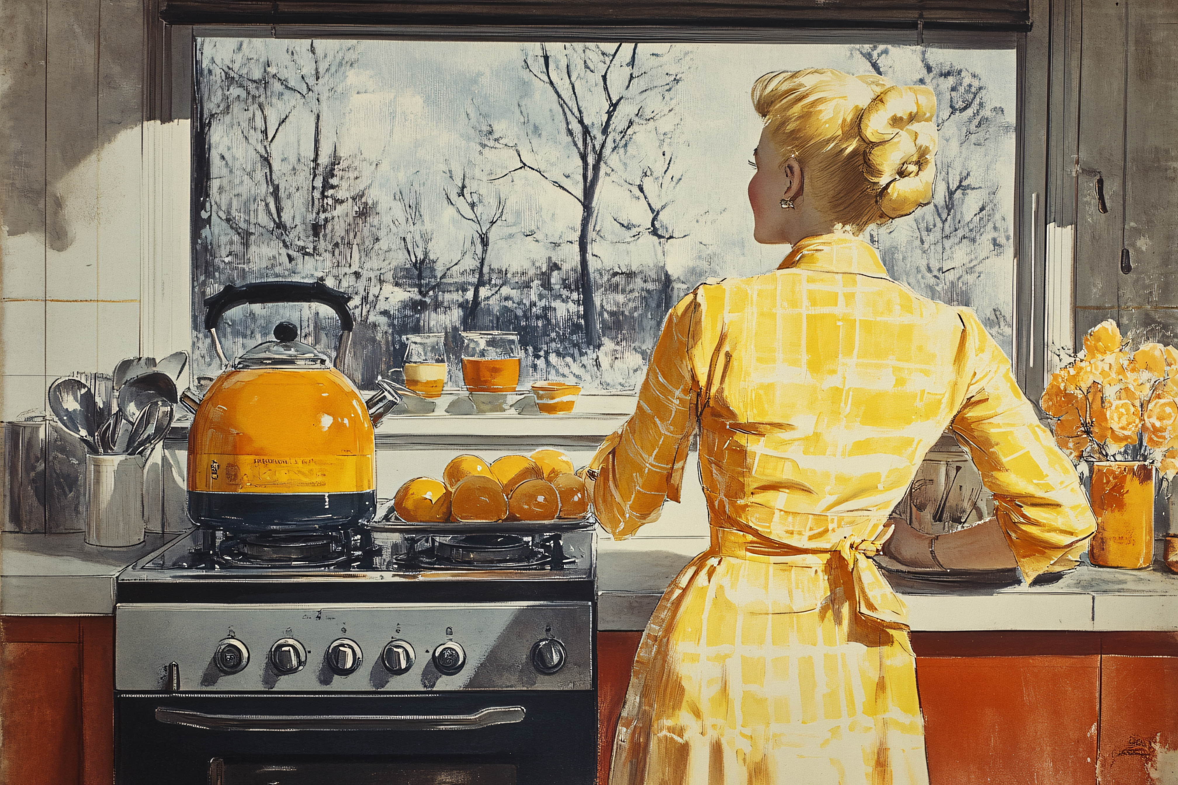 Woman In Kitchen Looking Out Window
