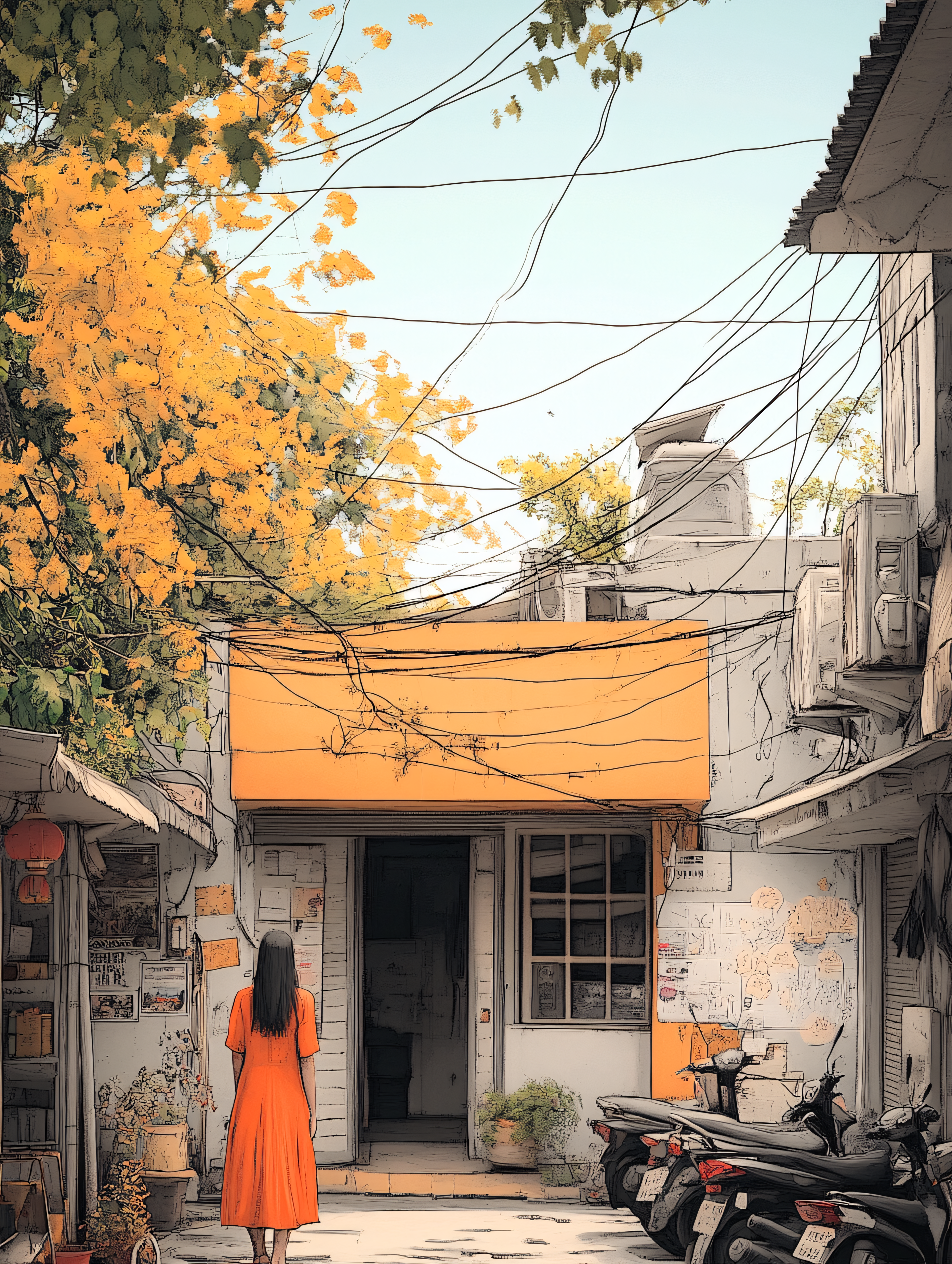 Woman In Orange Dress Standing In Alleyway