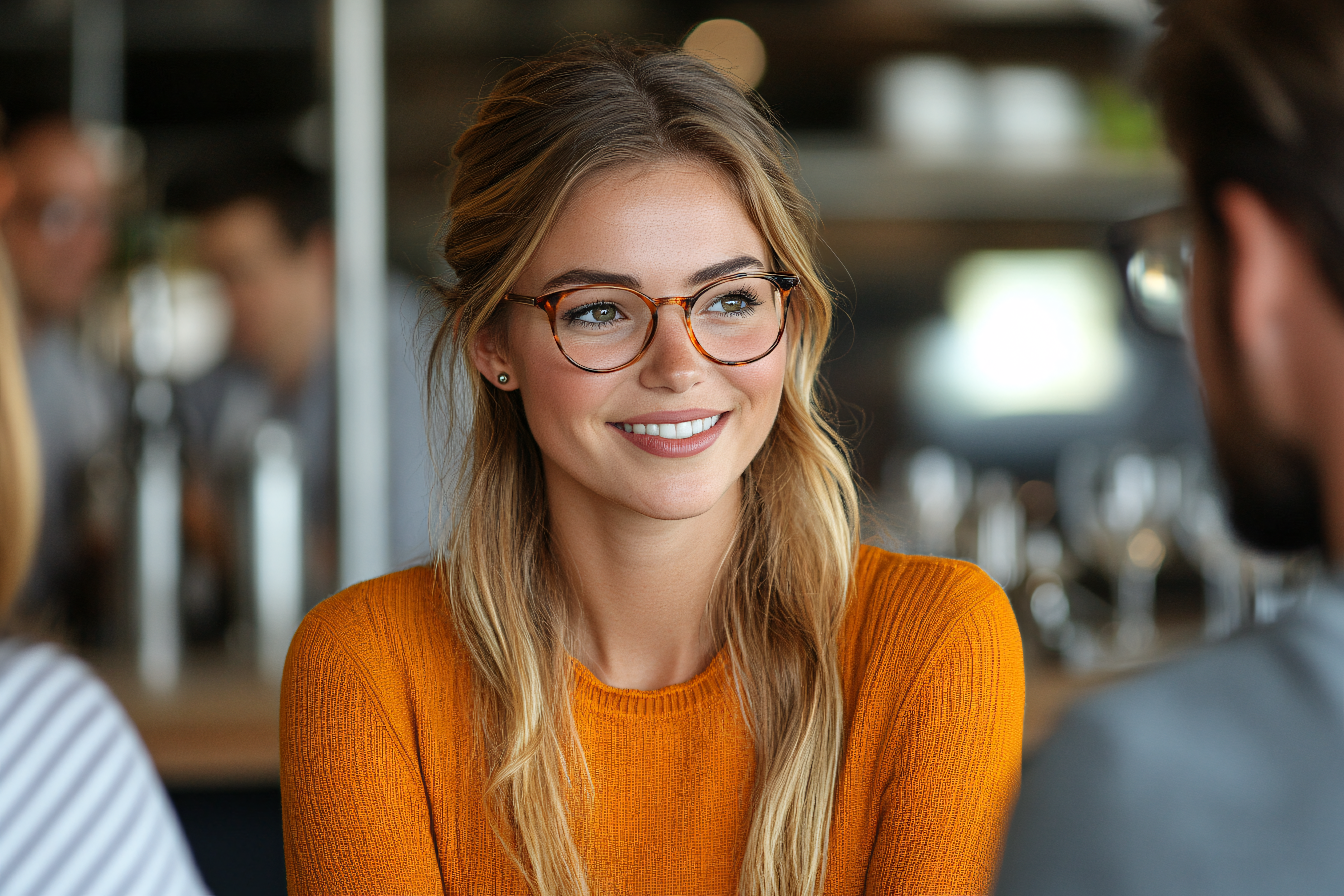 Woman In Orange Sweater Smiling