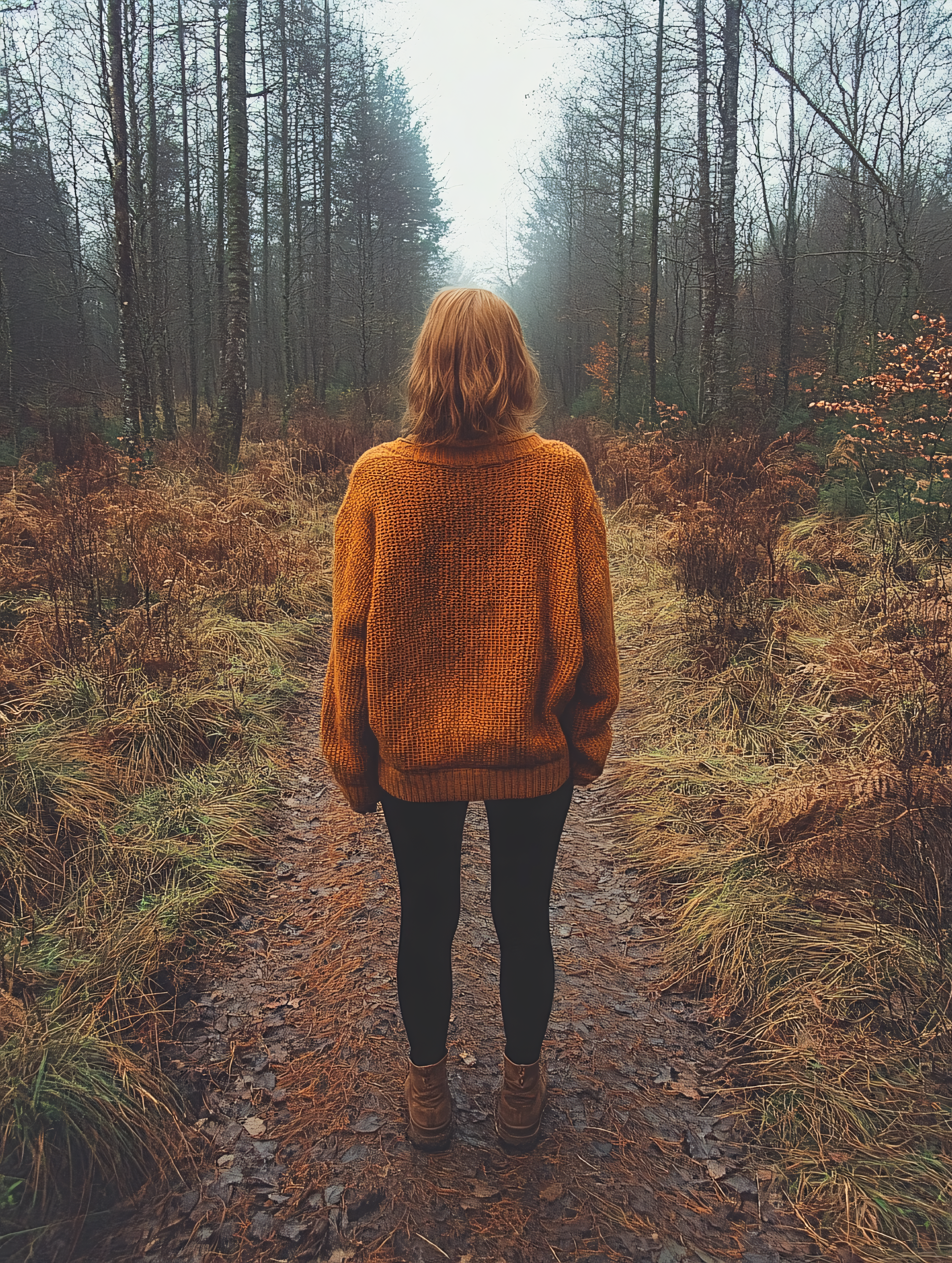 Woman In Orange Sweater Walking Through Autumn Forest