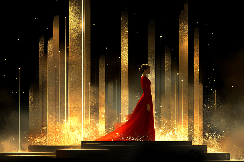 Woman In Red Dress On Golden Steps