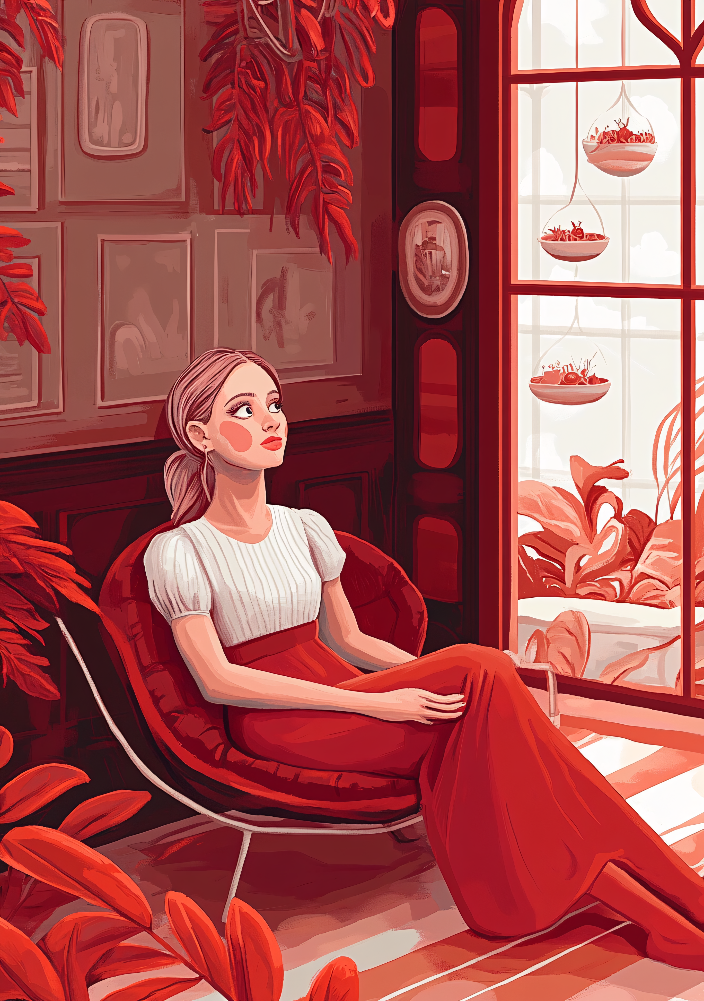 Woman In Red Dress Sitting Indoors