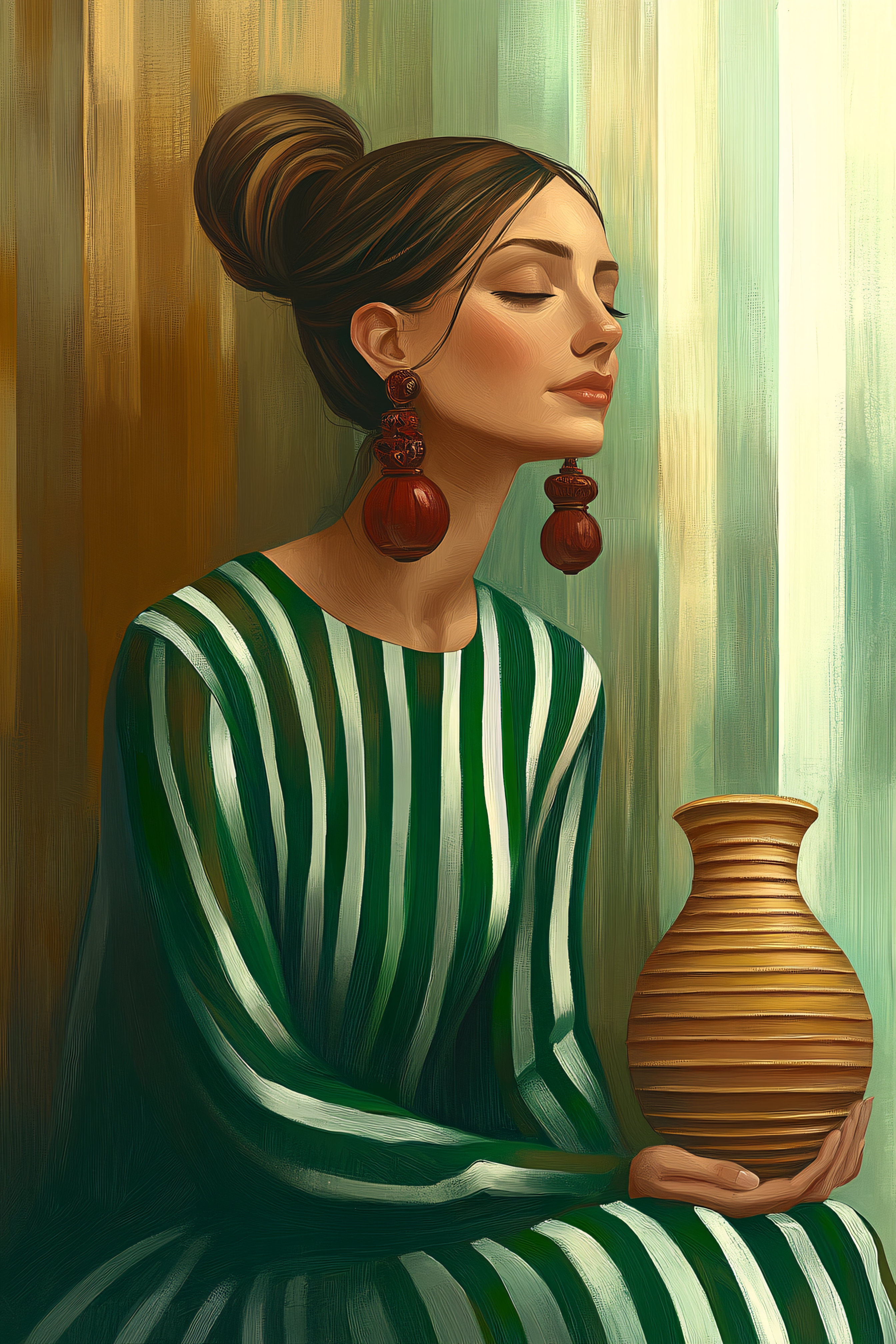 Woman in Striped Dress with Vase