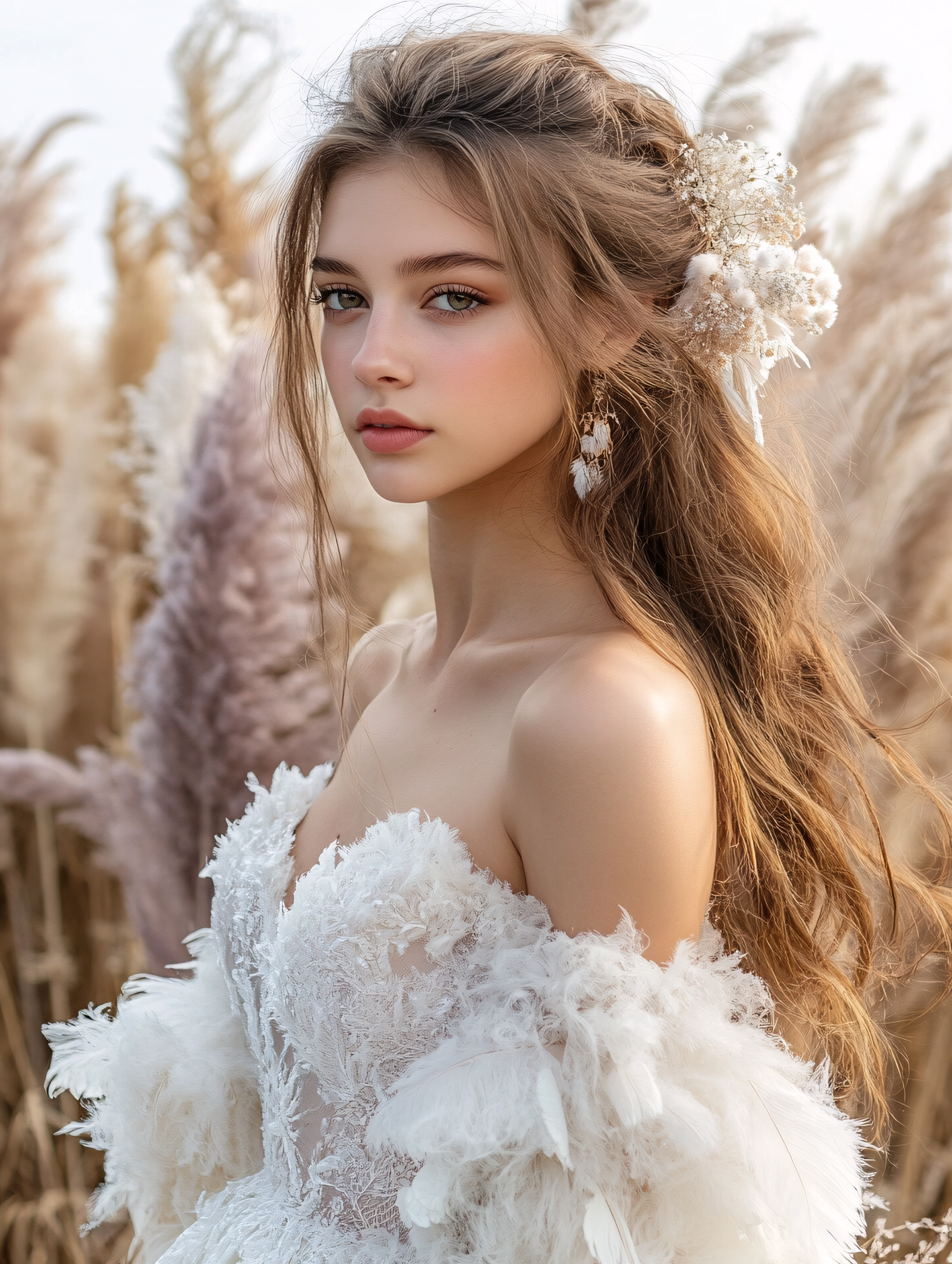 Woman In White Dress In Pampas Grass Field
