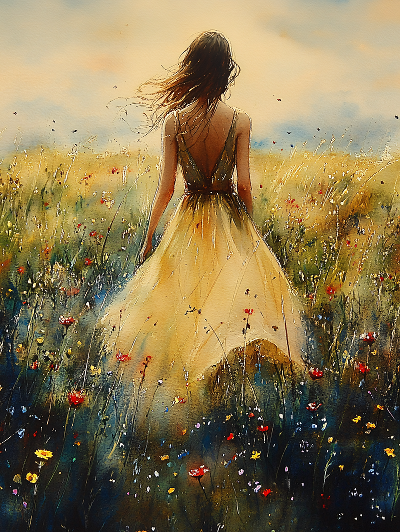 Woman in Yellow Dress in Wildflower Field