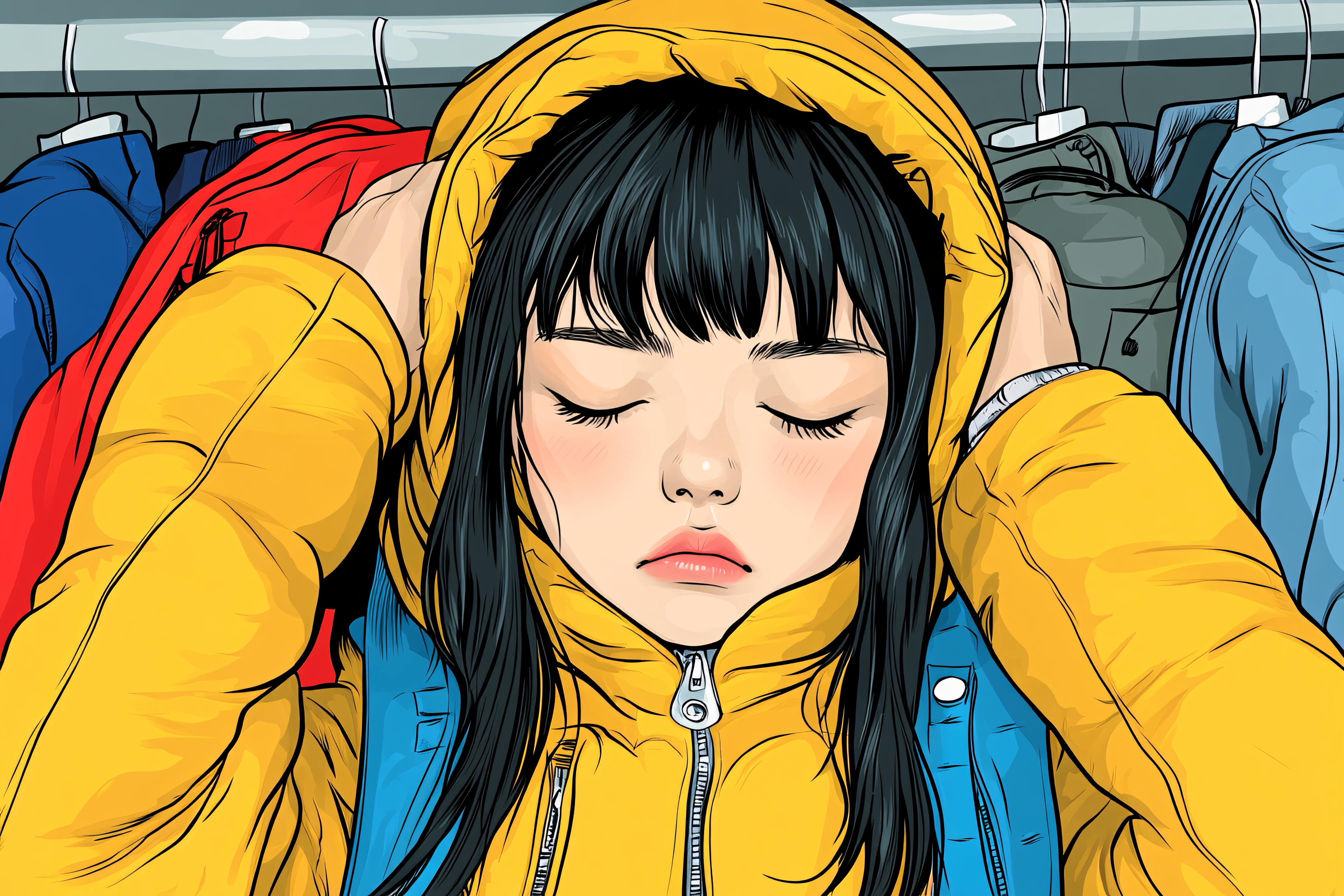 Woman In Yellow Hoodie With Closed Eyes