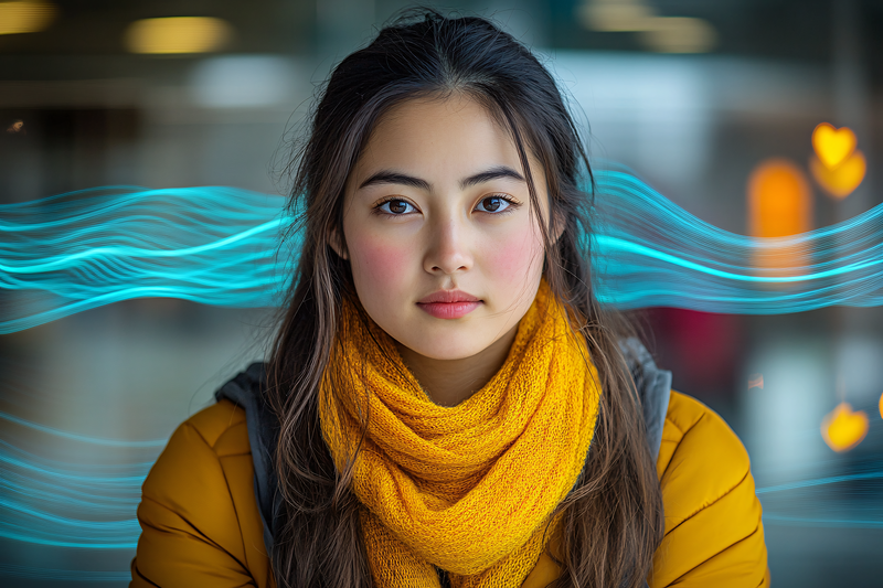 Woman in Yellow Jacket with Blue Light Streaks