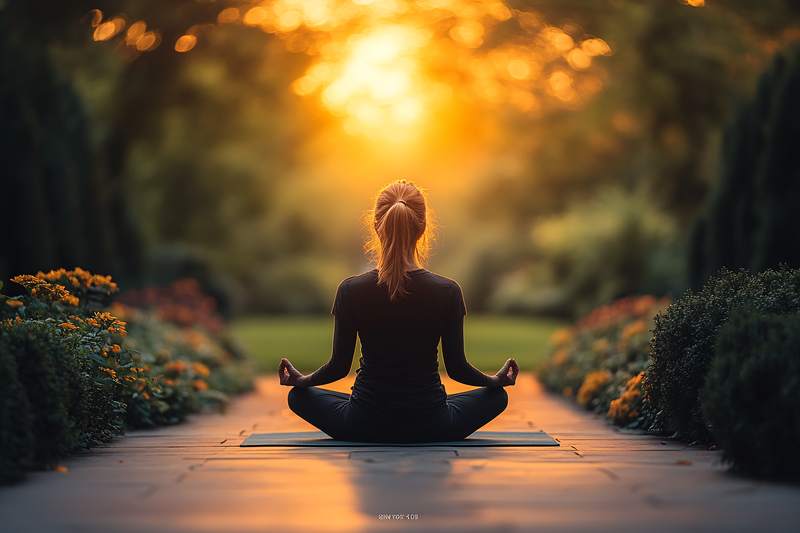 Woman Meditating In Garden At Sunset