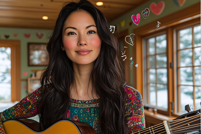 Woman Playing Guitar With Musical Notes