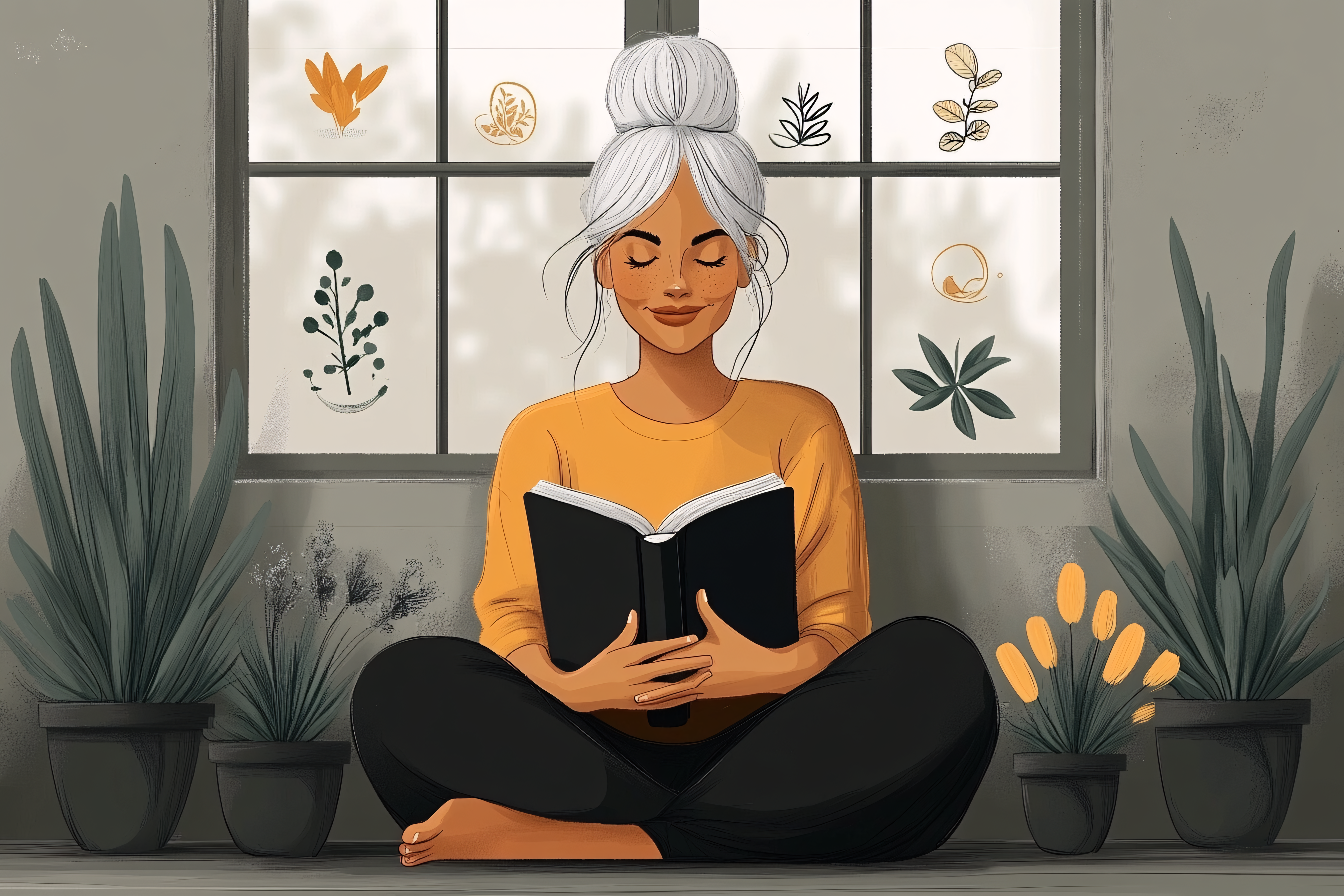 Woman Reading Book in Tranquil Room