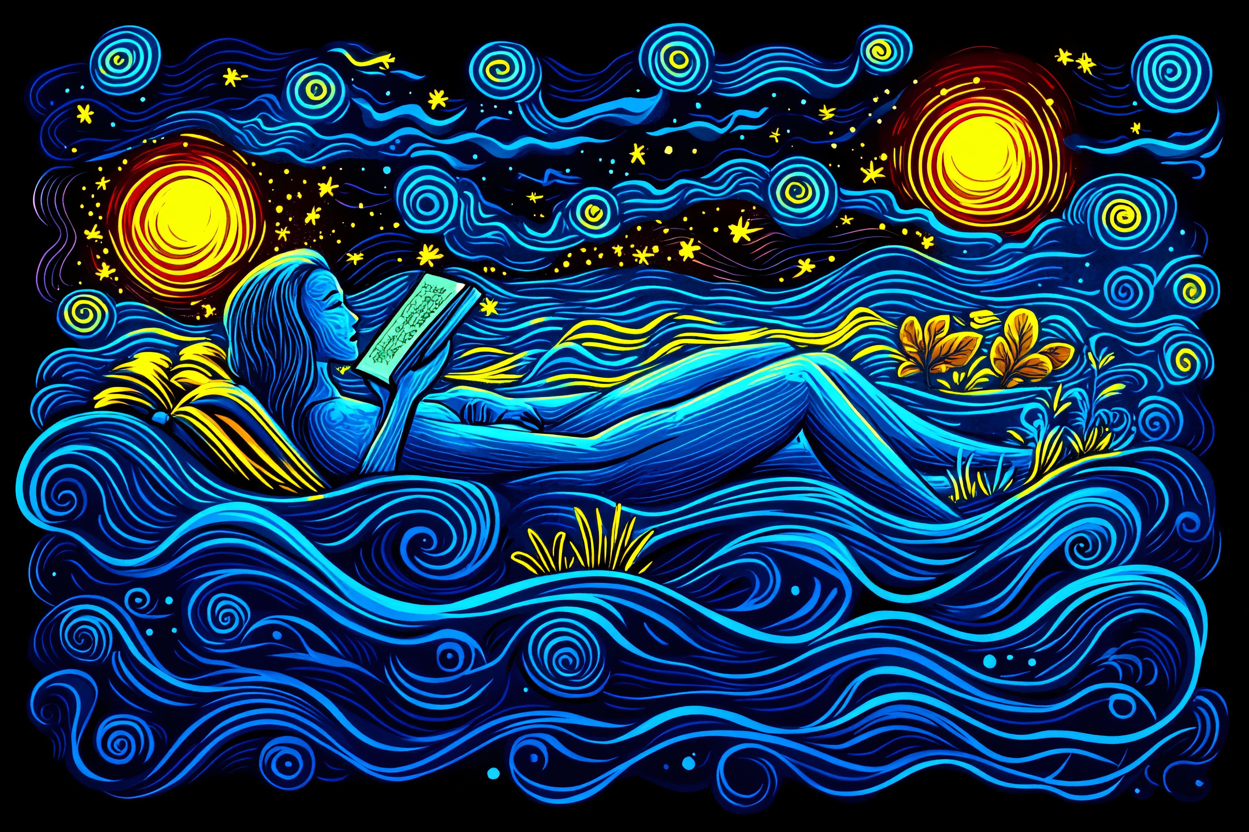 Woman Reading in Starry Night