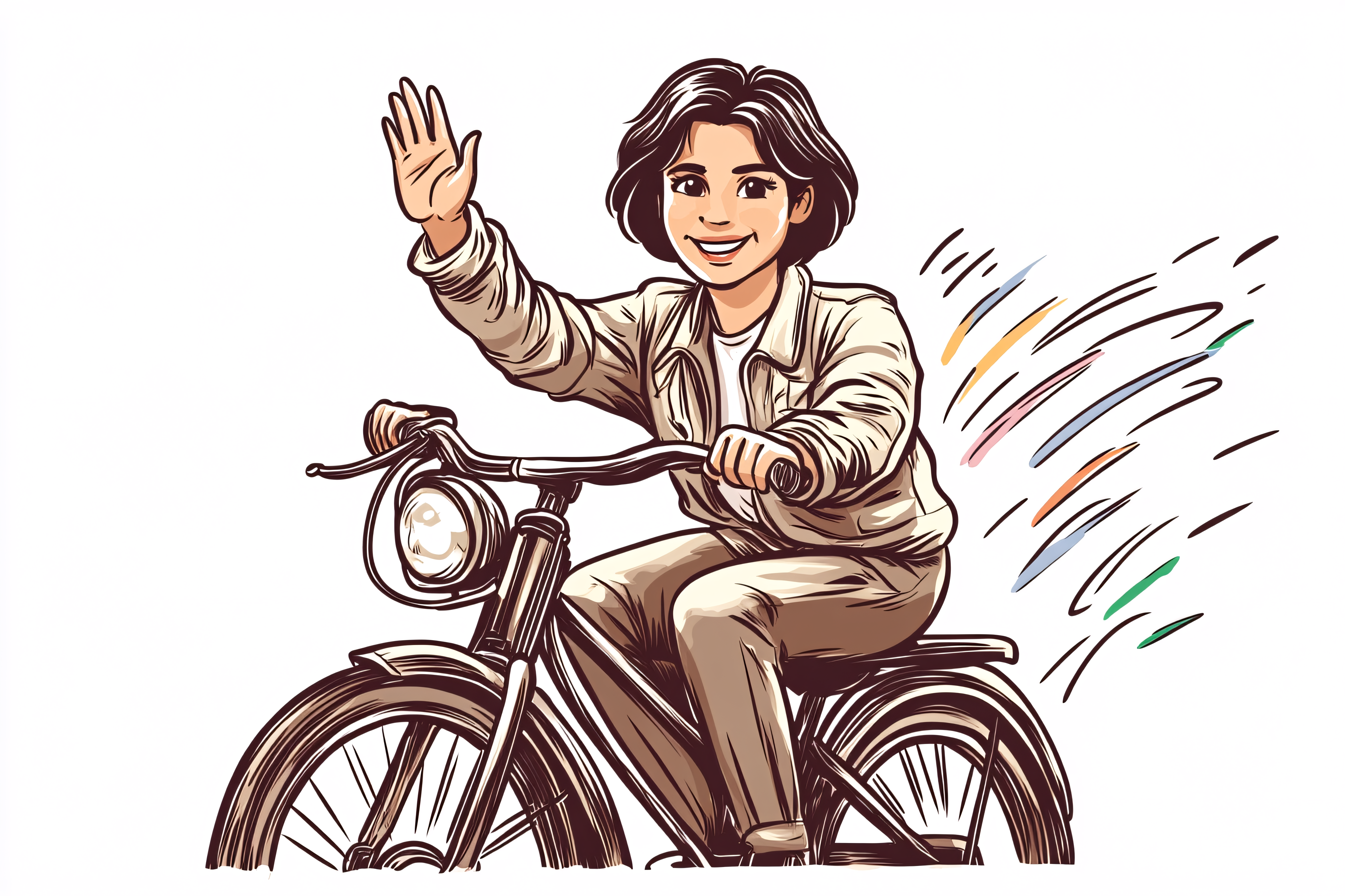 Woman Riding Bicycle Waving