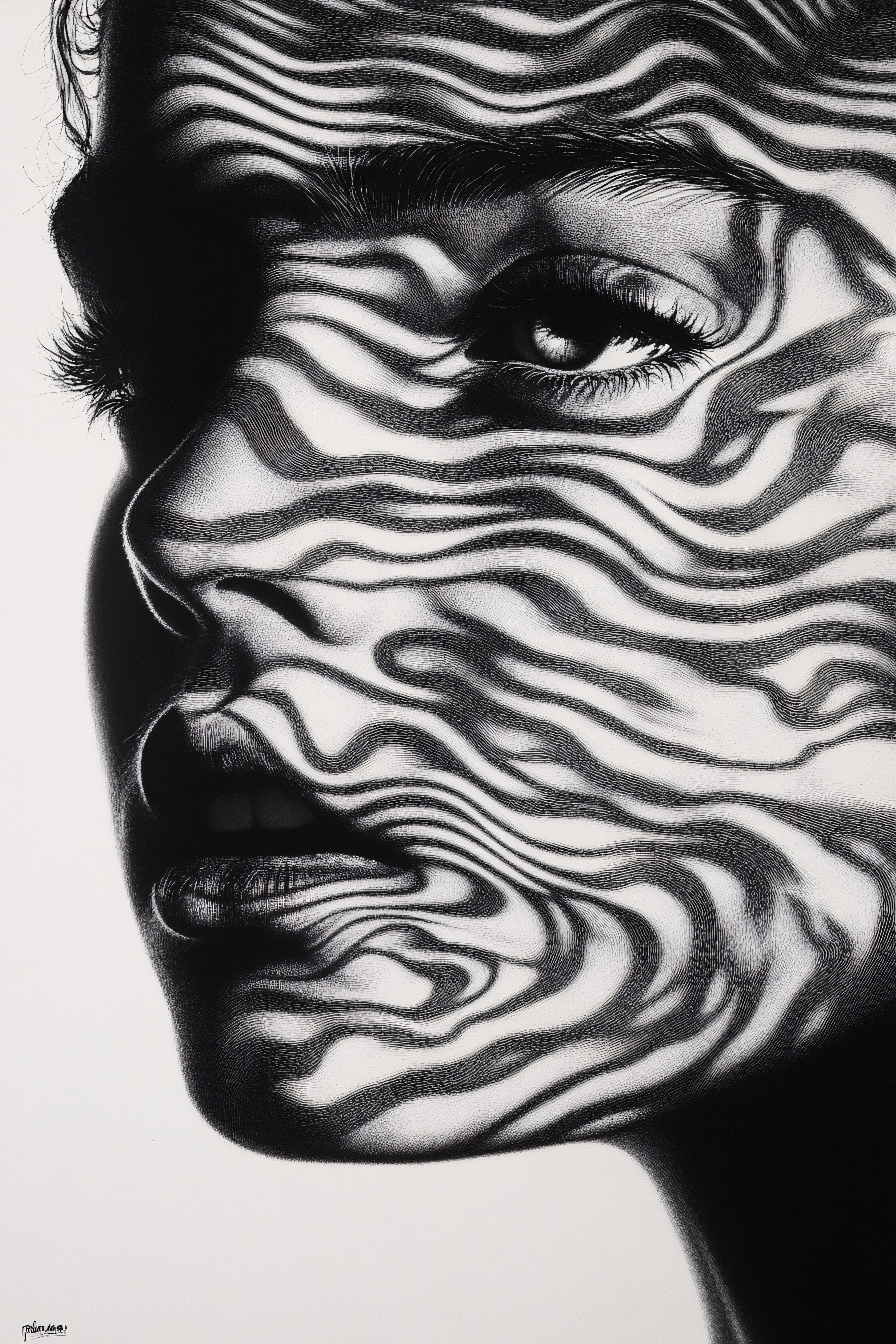 Black and White Line Art Portrait of a Woman with Wavy Lines